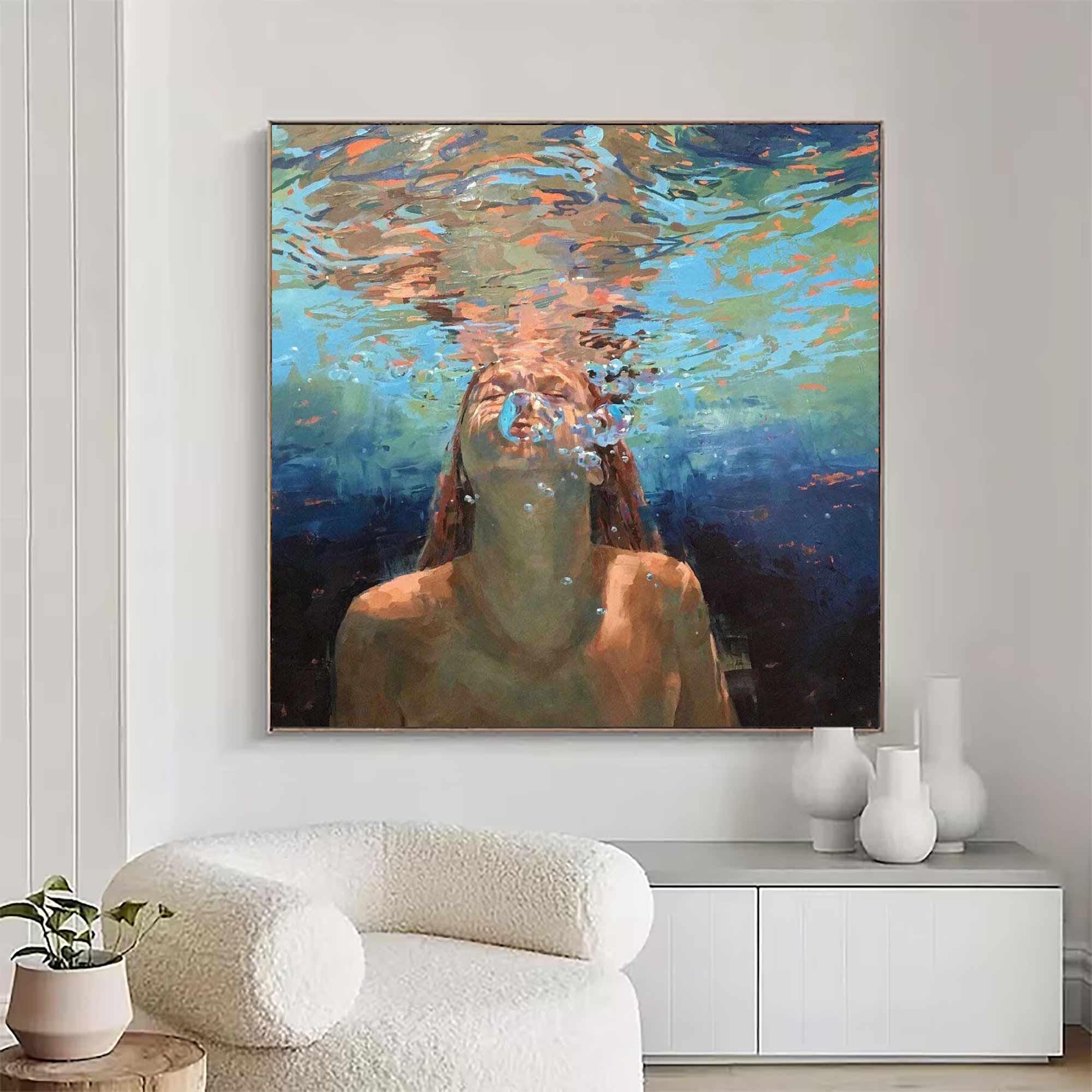 Beneath the Surface – Underwater Portrait Painting, Textured Canvas Wall Art Underwater portrait painting of a woman with shimmering water reflections, textured canvas wall art for modern interiors.