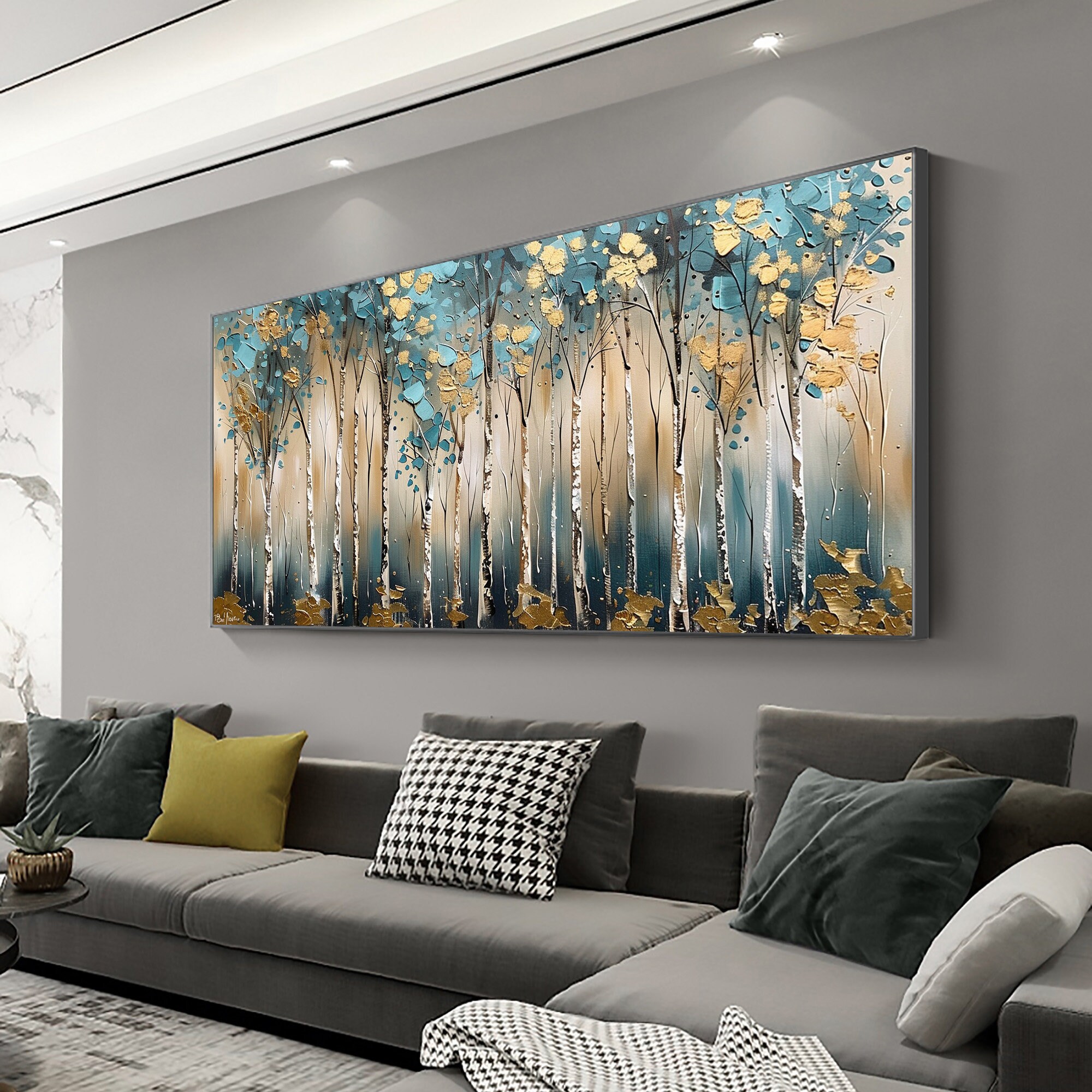 Golden Forest – 3D Textured Tree Wall Art in Teal and Gold Tones for Modern Living Room Décor