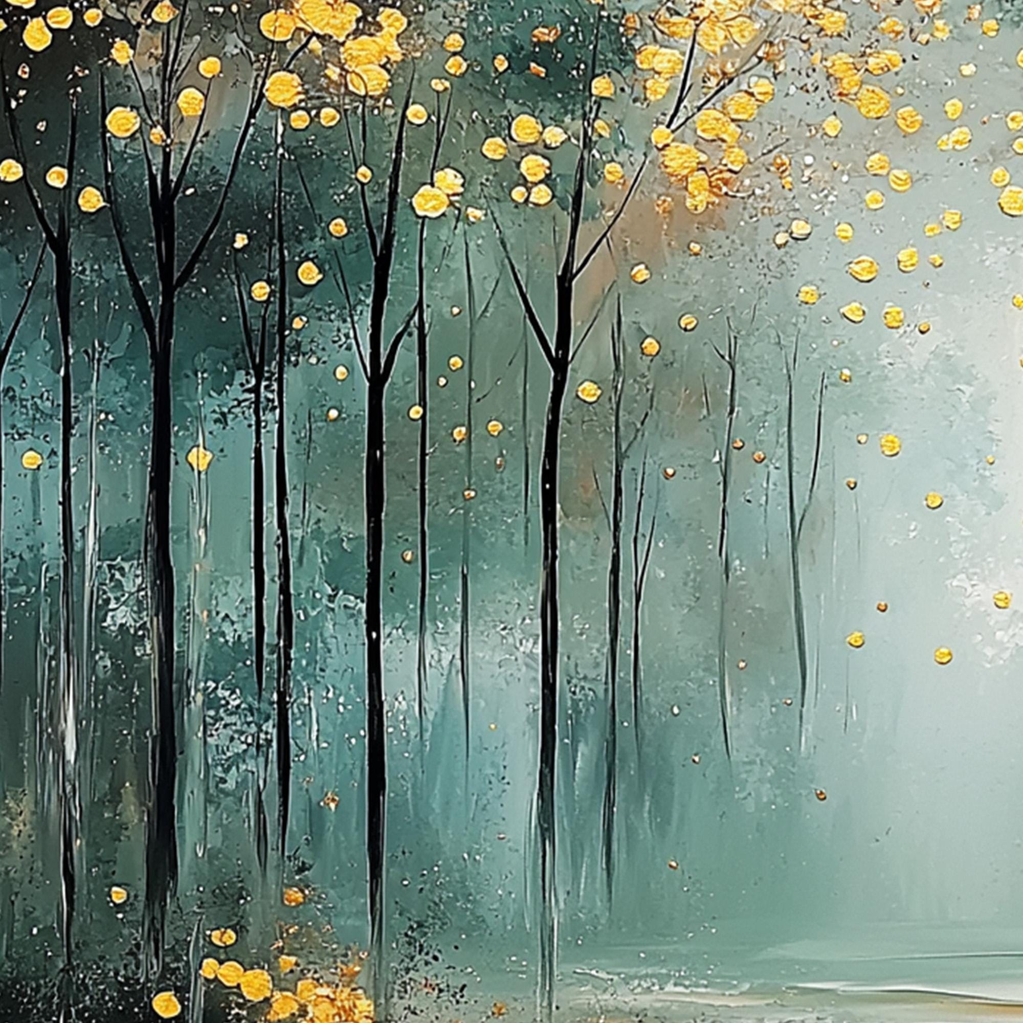 Golden Glow Forest – Abstract Tree Wall Art with Teal and Yellow Accents for Bedroom or Living Room