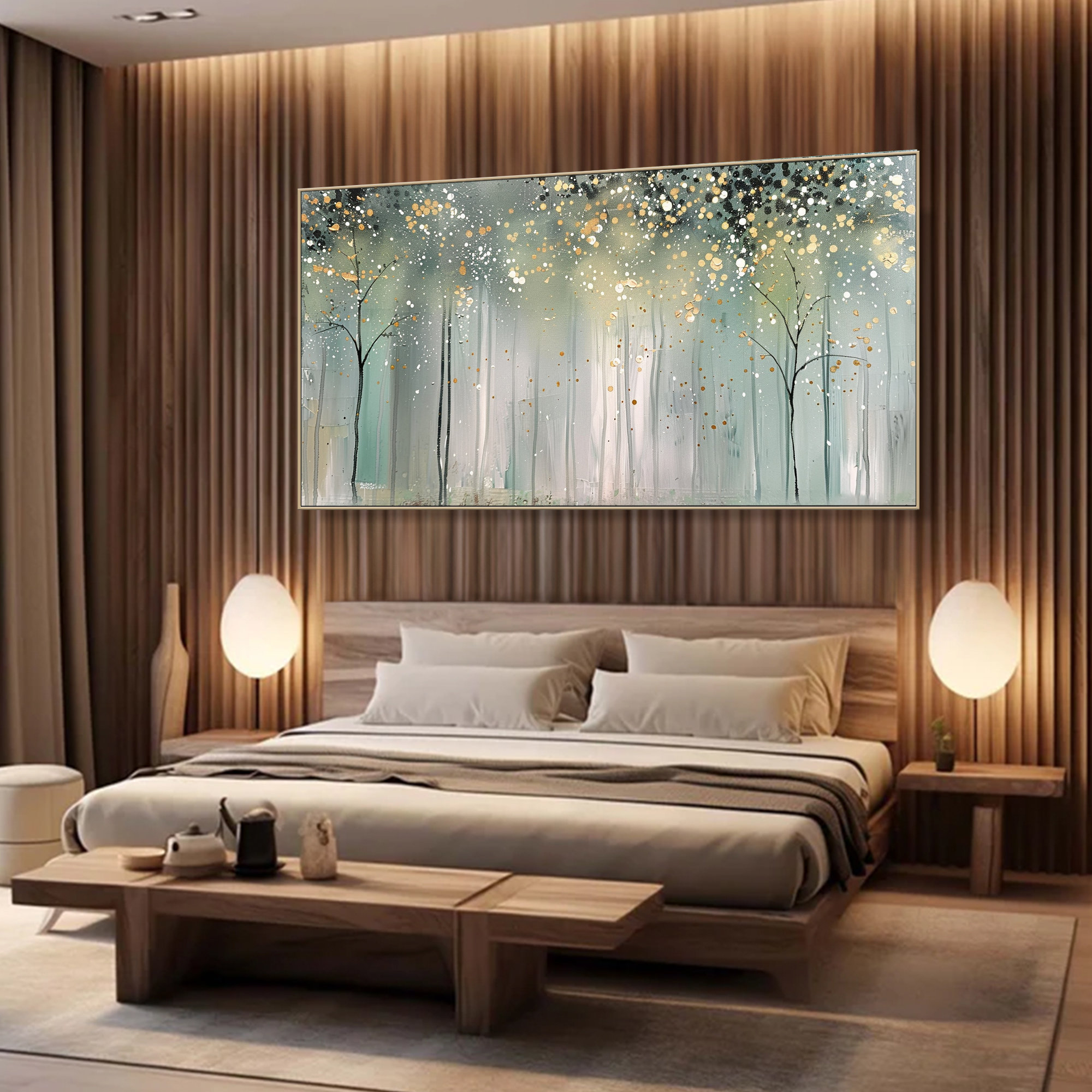 Dreamlight Forest – Abstract Tree Wall Art in Soft Teal, Cream and Gold Tones for Modern Living Room