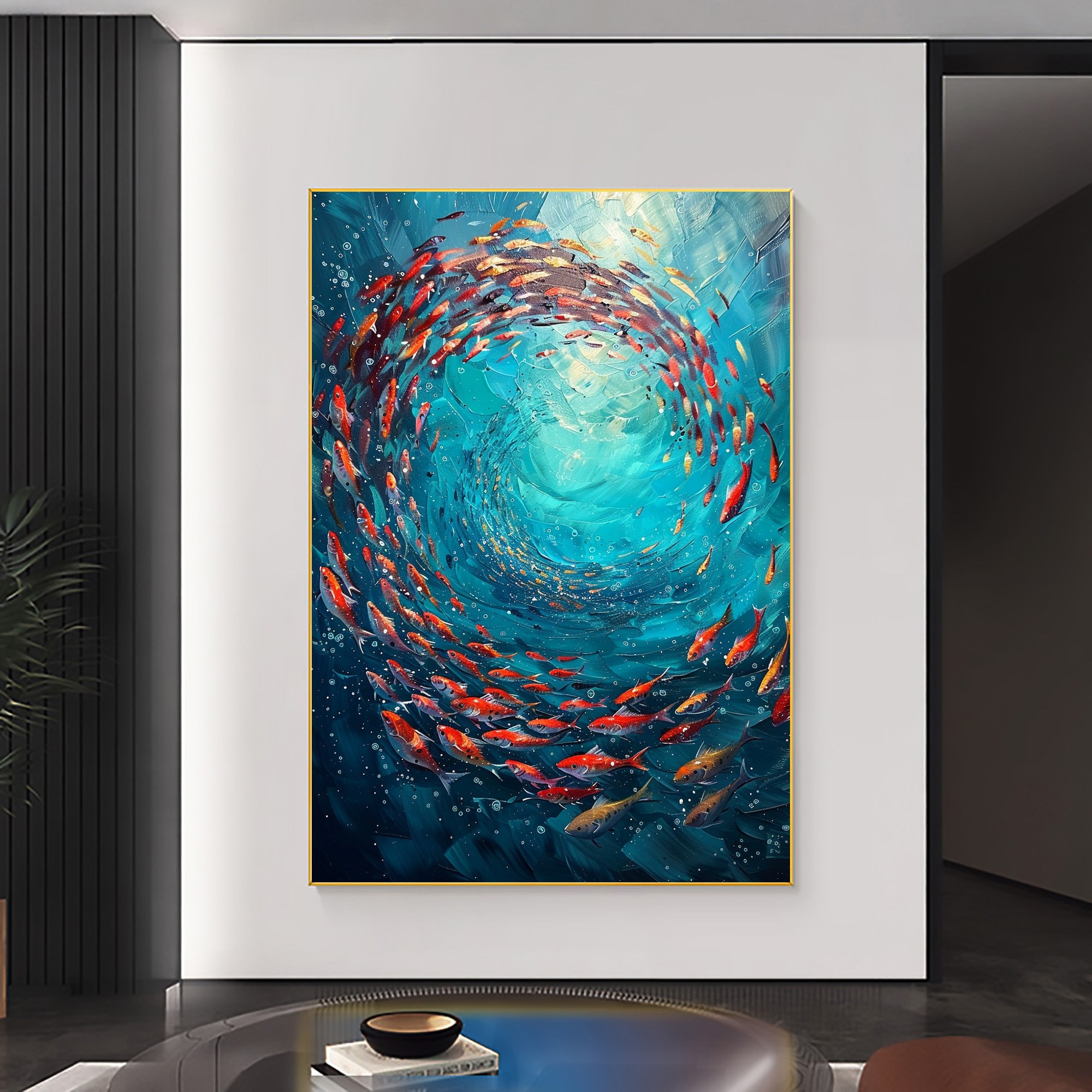 Swirling Tide – 3D Textured Fish in Blue Water Oil Painting