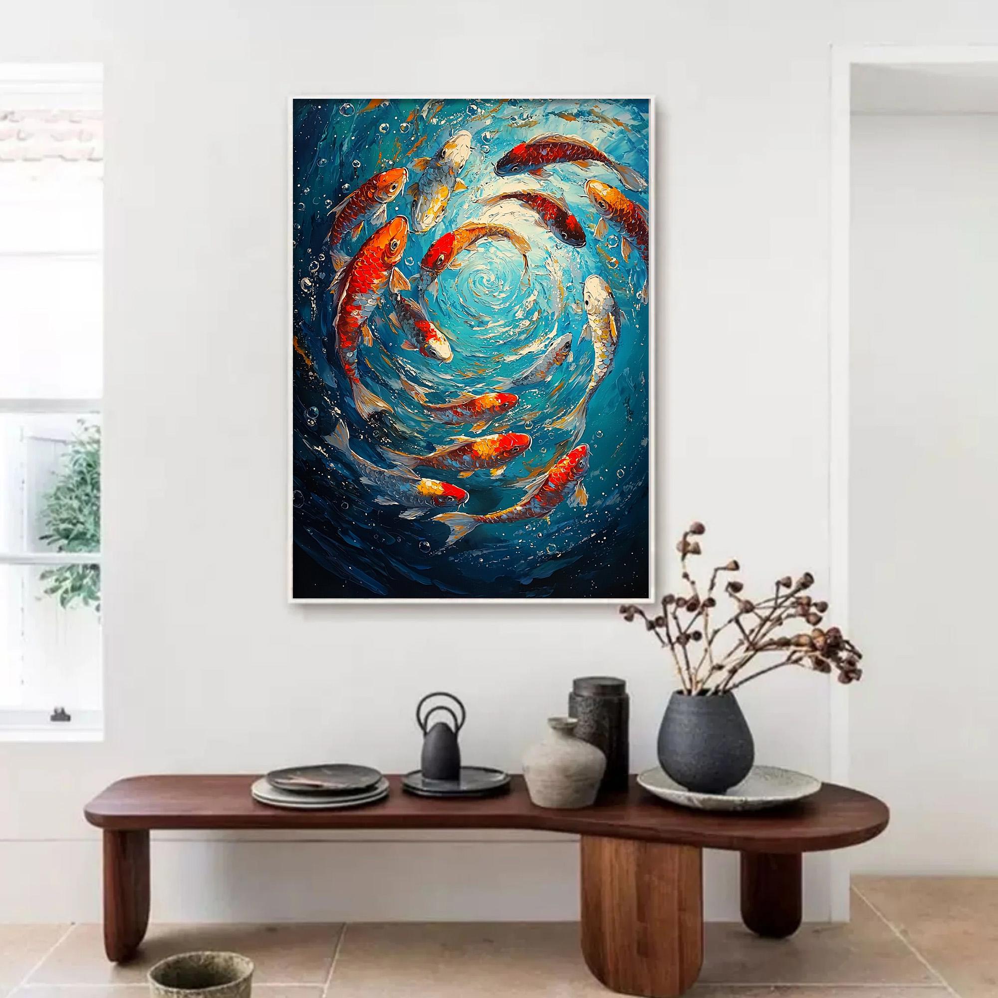 Whirlpool of Koi – 3D Textured Fish Oil Painting for Living Room or Office Decor