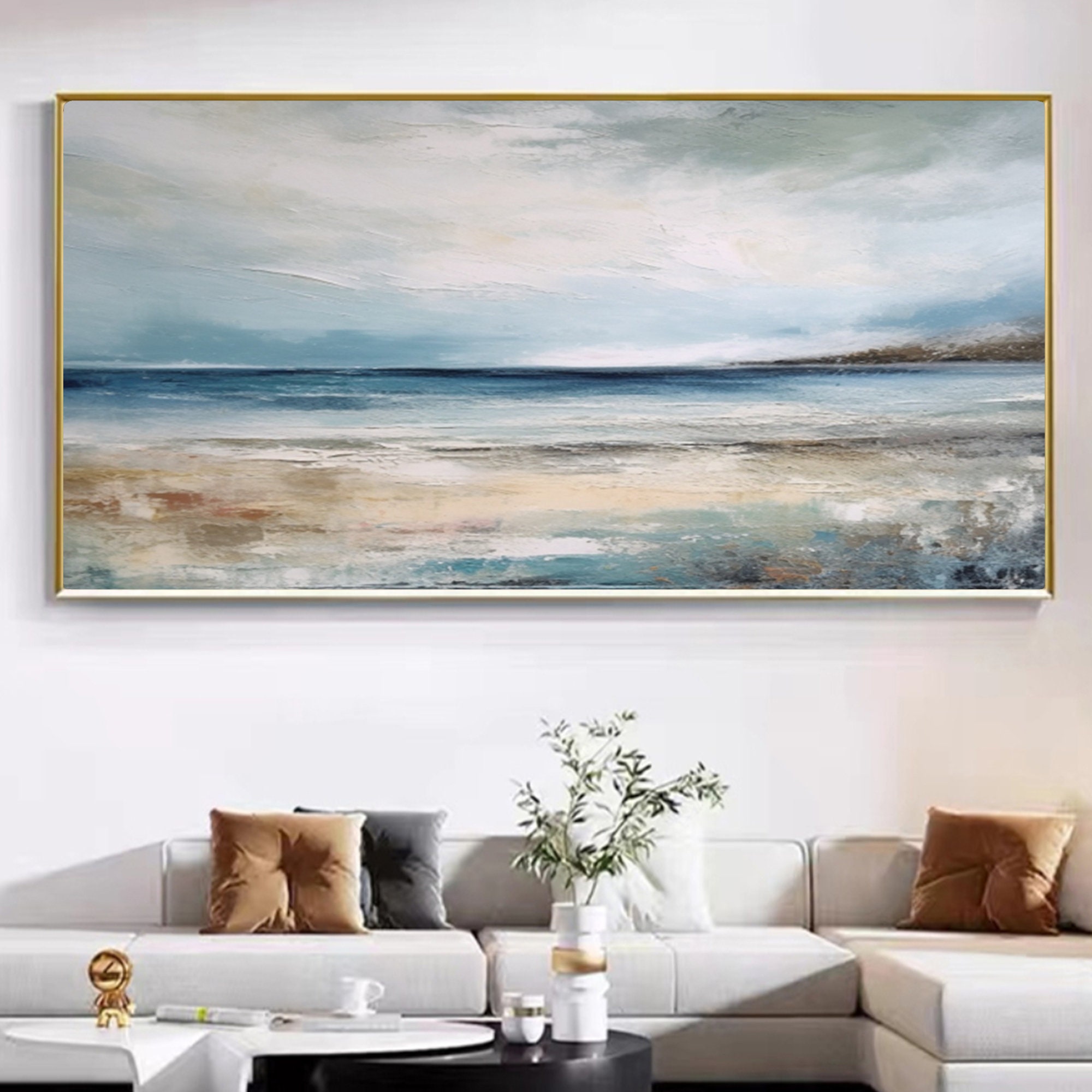 Calm Horizon - Large Coastal Seascape Oil Painting, Modern Textured Ocean Canvas Wall Art