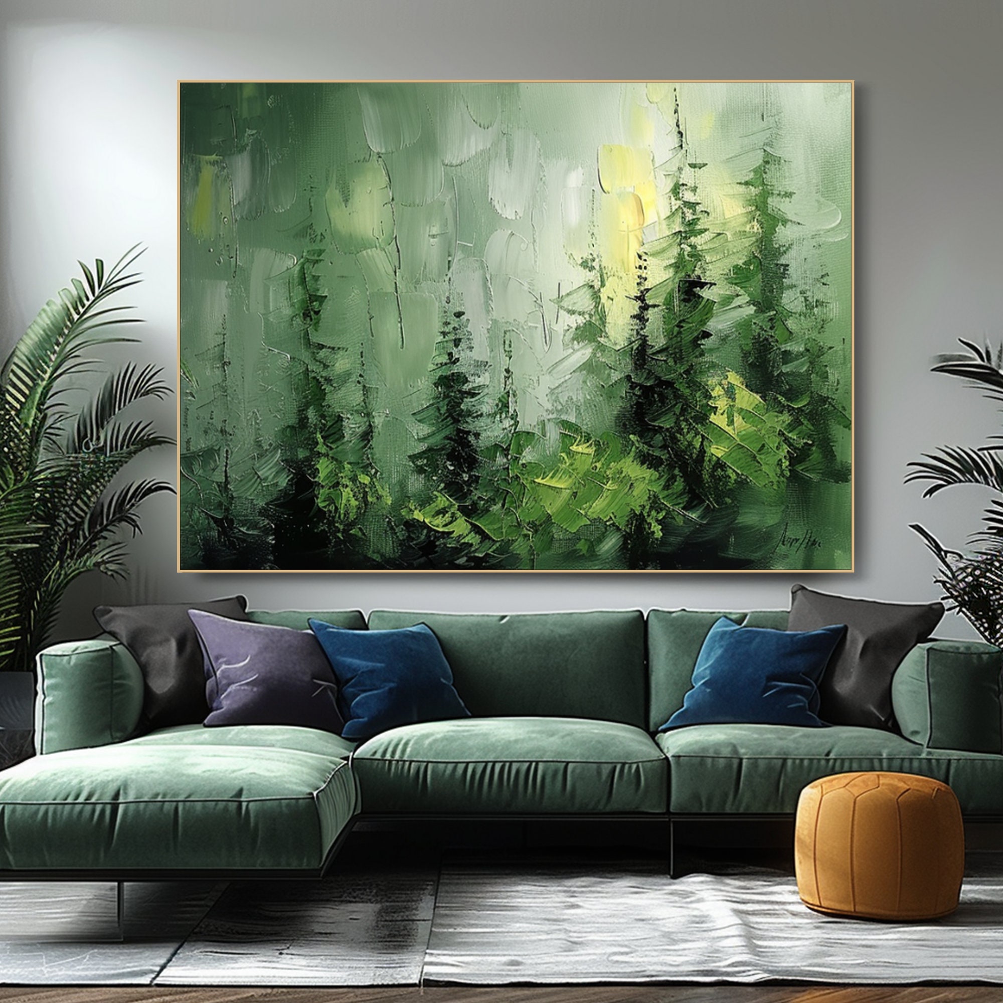 Emerald Silence - Forest Landscape Oil Painting, Large Textured Green Nature Canvas Wall Art