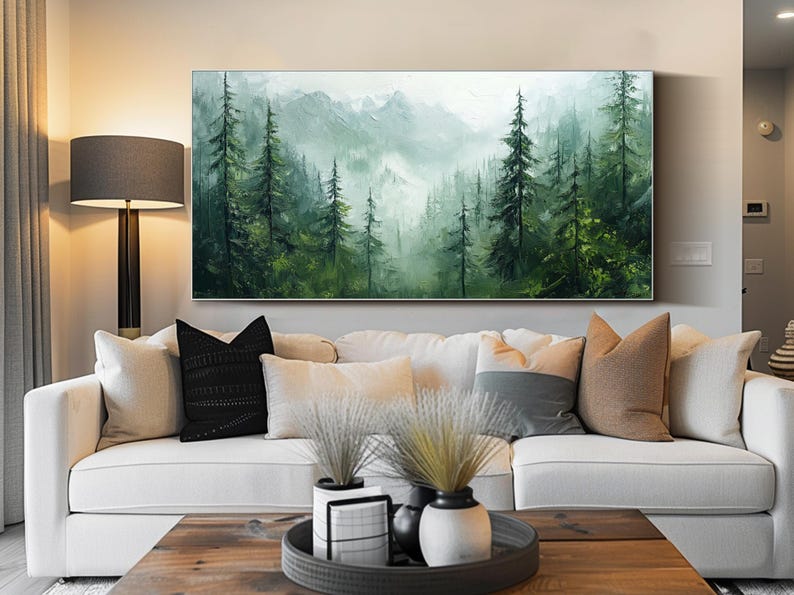 Whispering Pines - Misty Forest Oil Painting, Large Green Landscape Canvas Wall Art