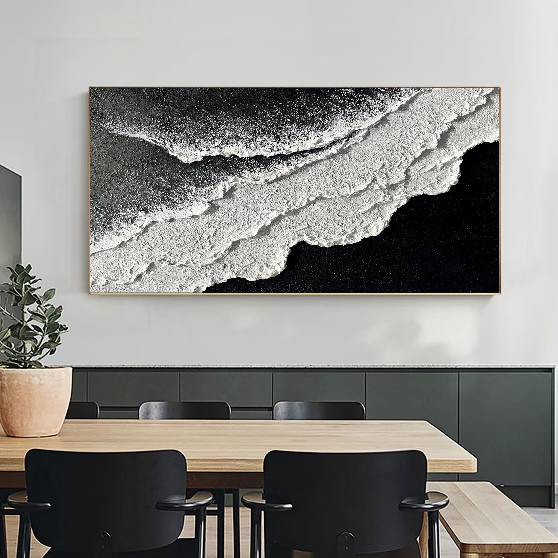 Monochrome Tide — Black and White Textured Seascape Oil Painting, Modern Abstract Wall Art
