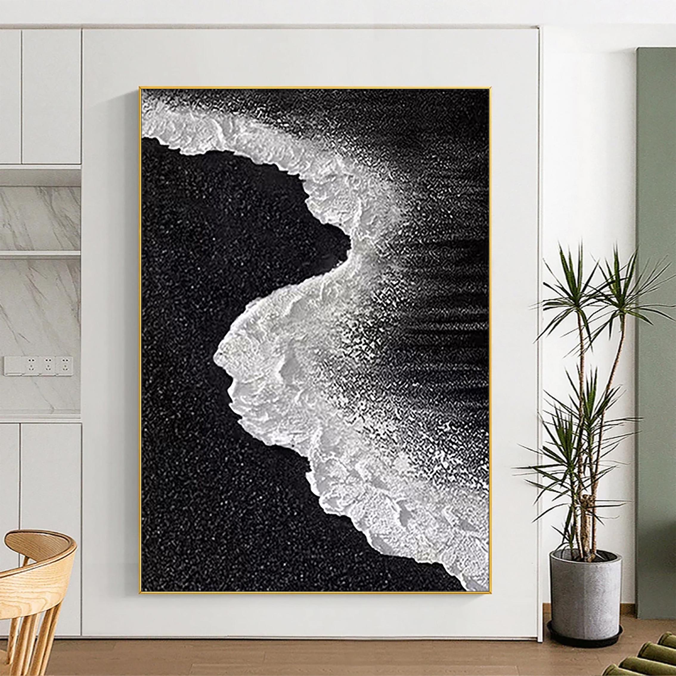 Vertical Tide — Black and White Textured Seascape Oil Painting, Abstract Coastal Wall Art