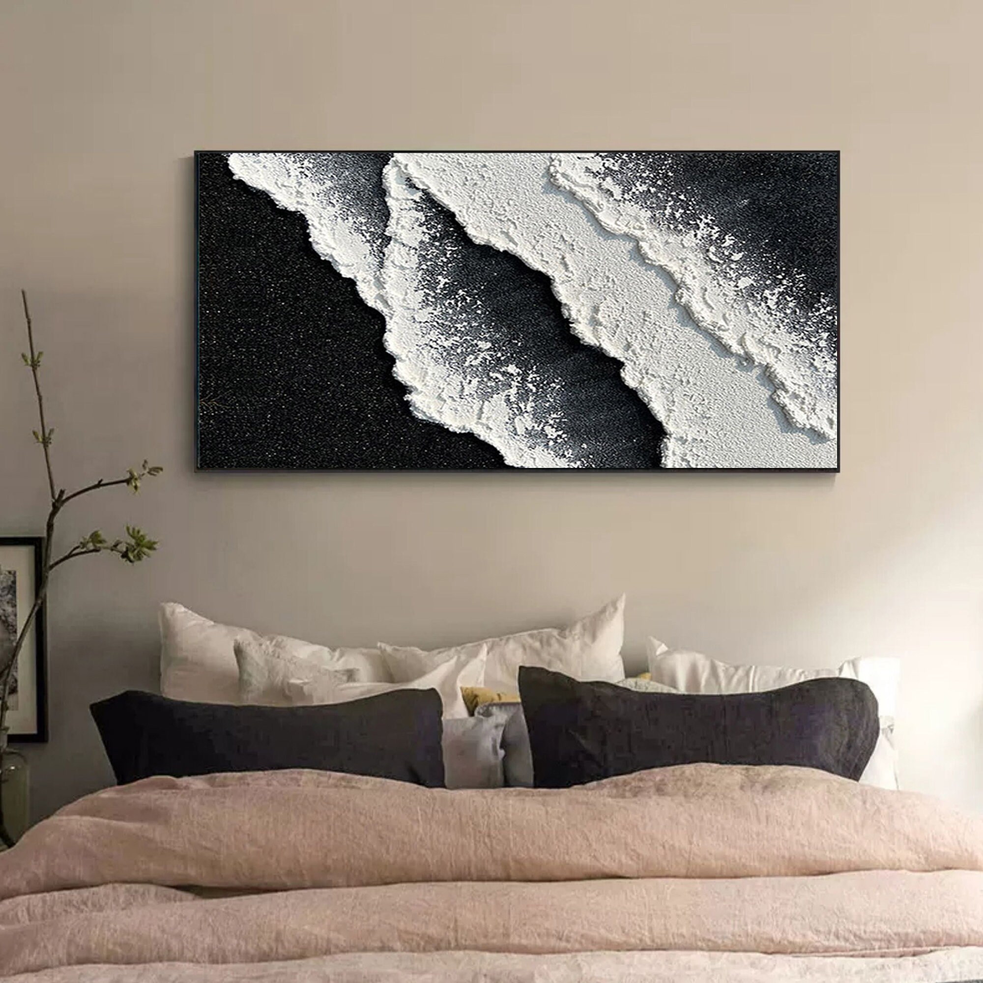 Diagonal Tide — Black and White Textured Wave Oil Painting, Abstract Coastal Wall Art