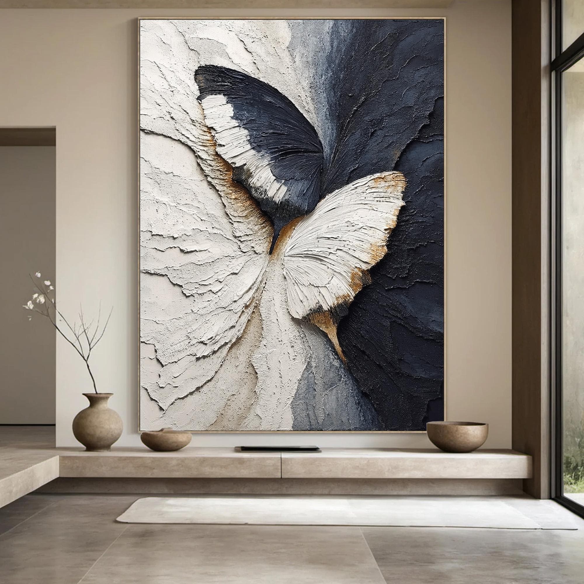 Wings of Serenity — Textured Butterfly Abstract Oil Painting, Modern Minimalist Wall Art
