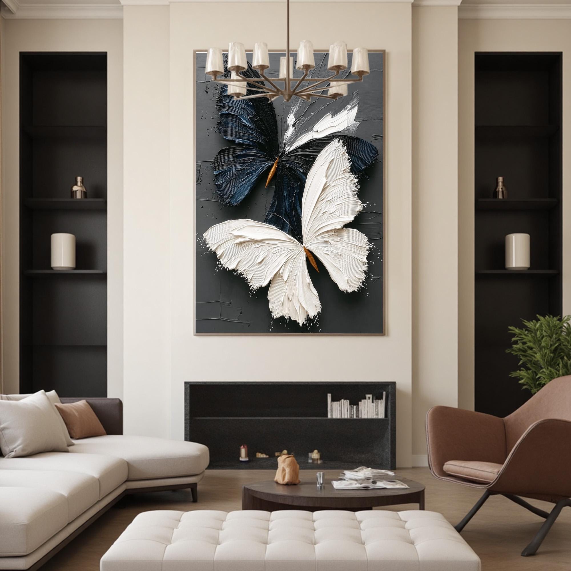 Dual Wings — Black and White Textured Butterfly Abstract Oil Painting, Modern Wall Art