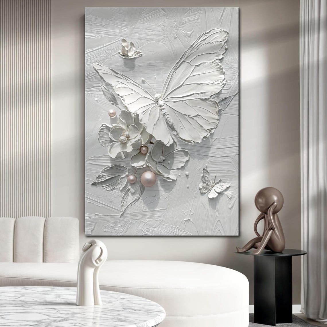 Pearl Wings — White Textured Butterfly and Floral 3D Oil Painting, Modern Luxury Wall Art