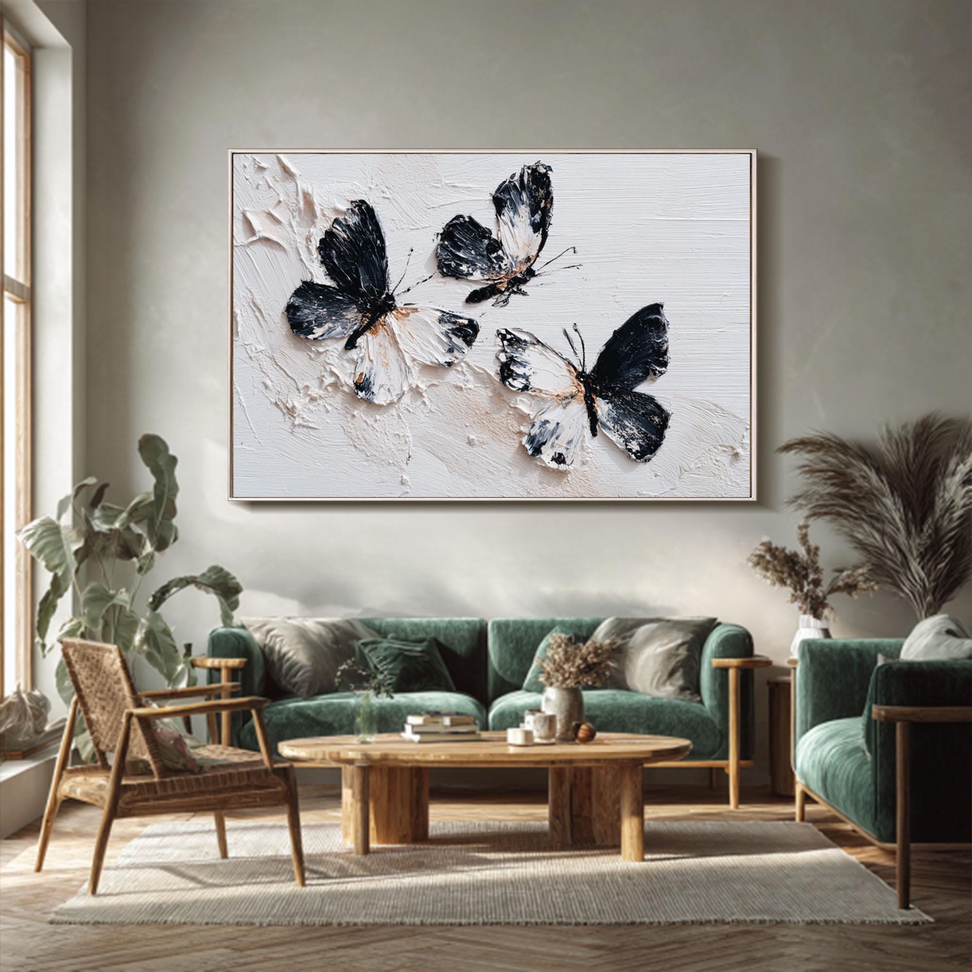 Flutter Trio — Black and White Textured Butterfly Oil Painting, Minimalist Modern Wall Art