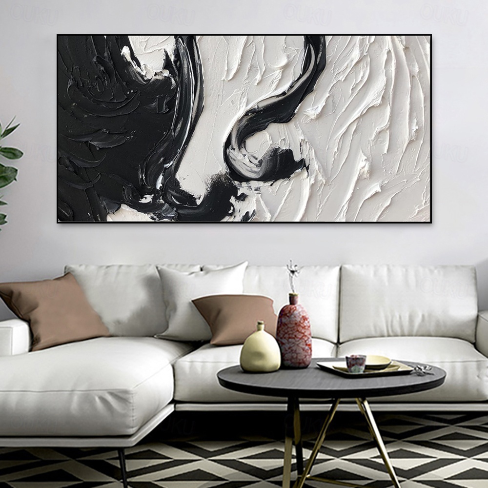 Ethereal Flow – Black and White Textured Abstract Oil Painting