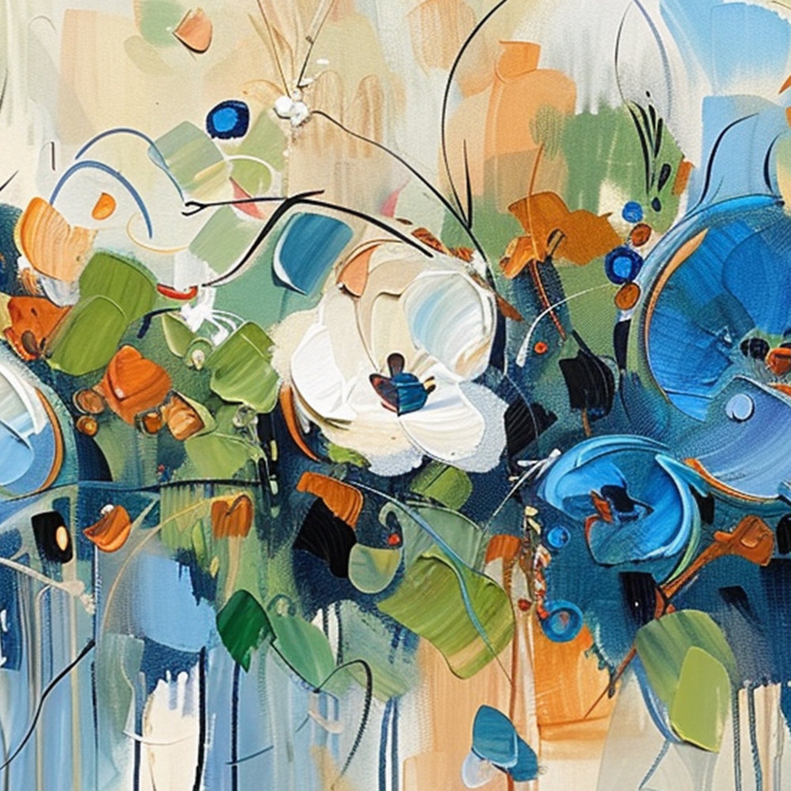 Blooming Riot - Colorful Abstract Floral Painting Blue Green Orange Wall Art on Canvas