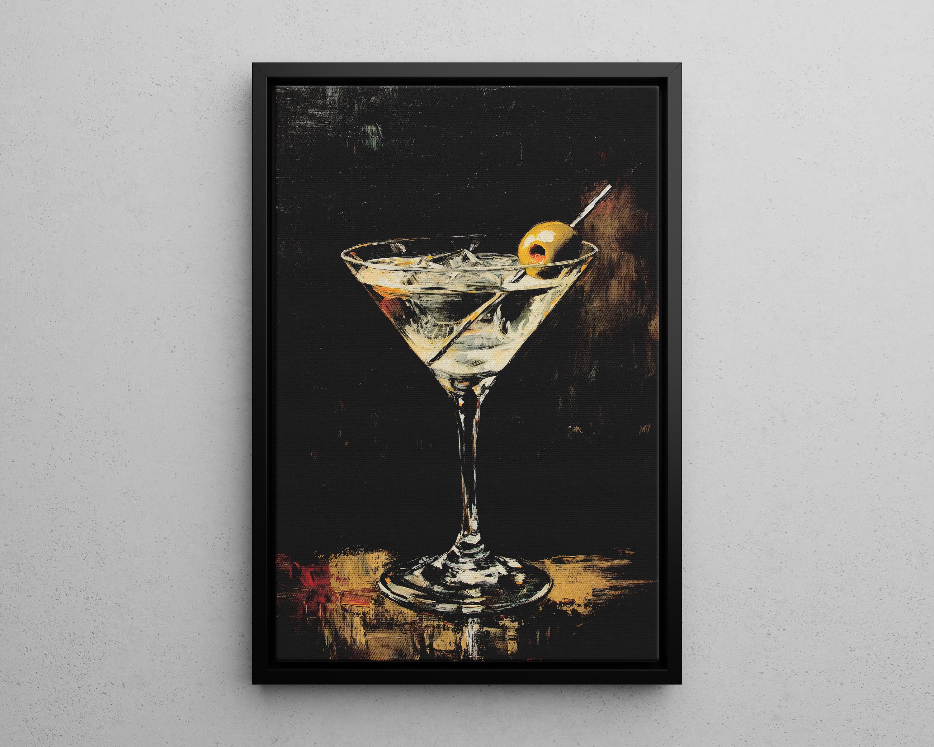 Olive Twist - Martini Glass Oil Painting Modern Bar Wall Art with Olive Detail
