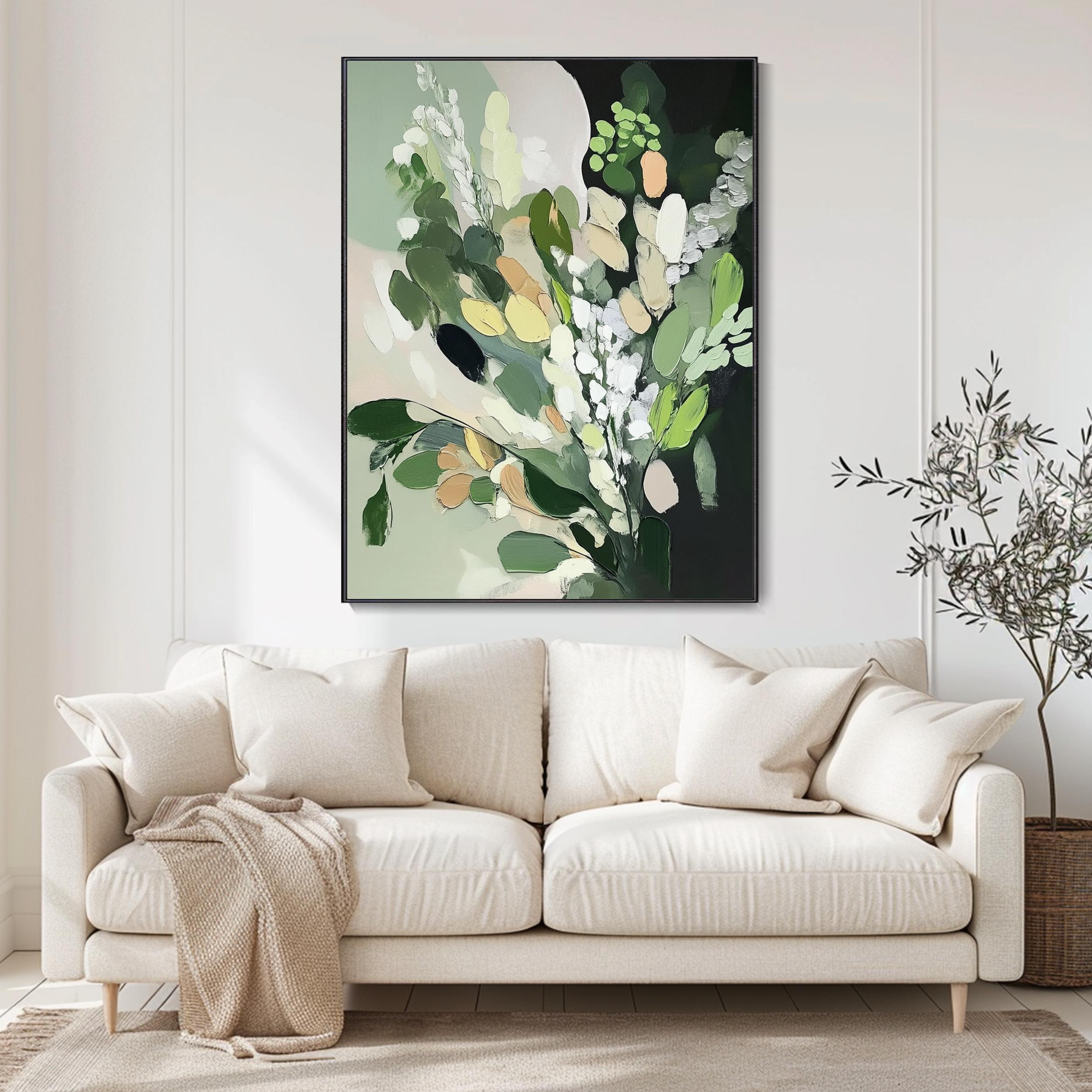 Verdant Whisper - Modern Textured Abstract Botanical Canvas Art Green Floral Painting