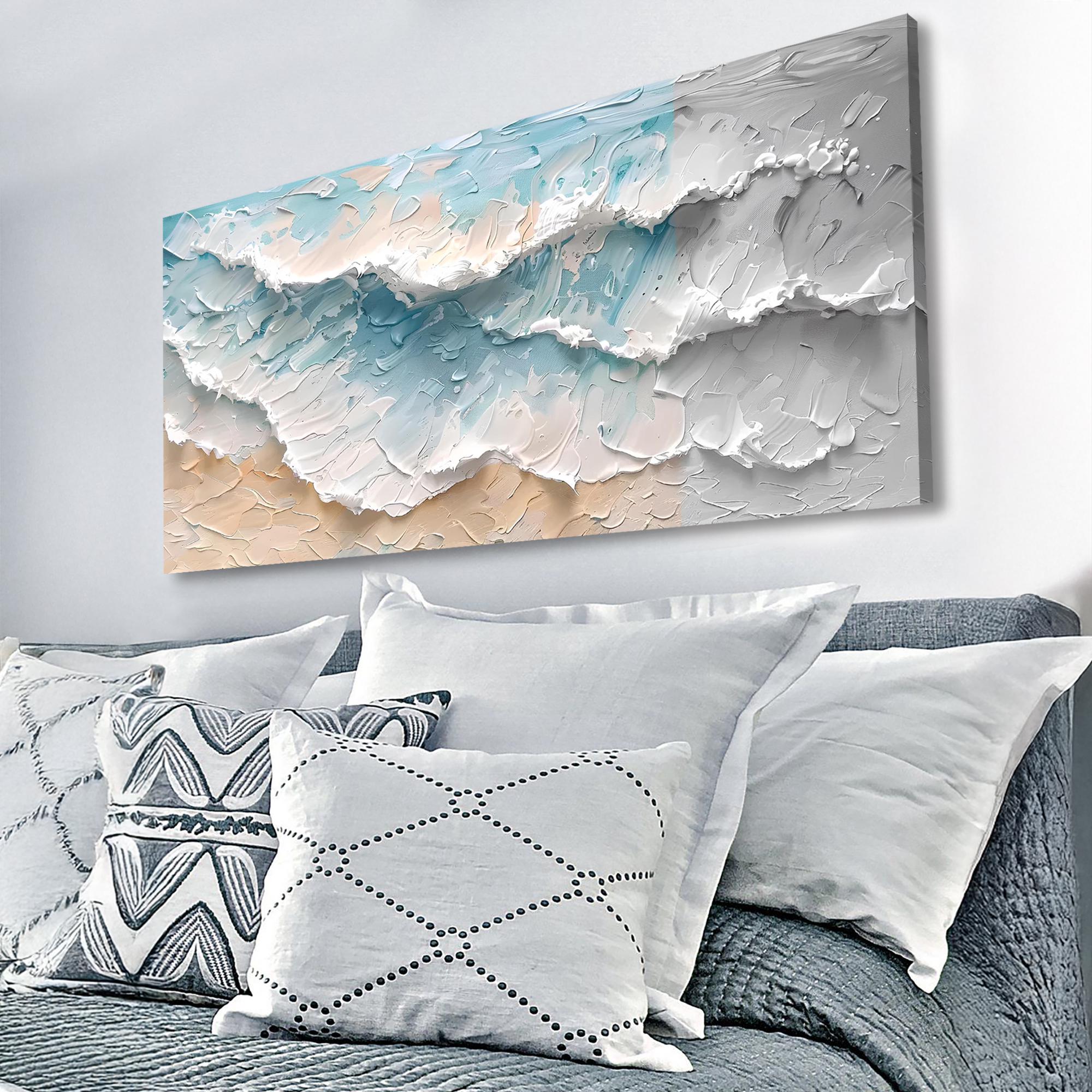 Frozen Tide – Coastal Wave Texture Abstract Beach Wall Art Horizontal Canvas Painting