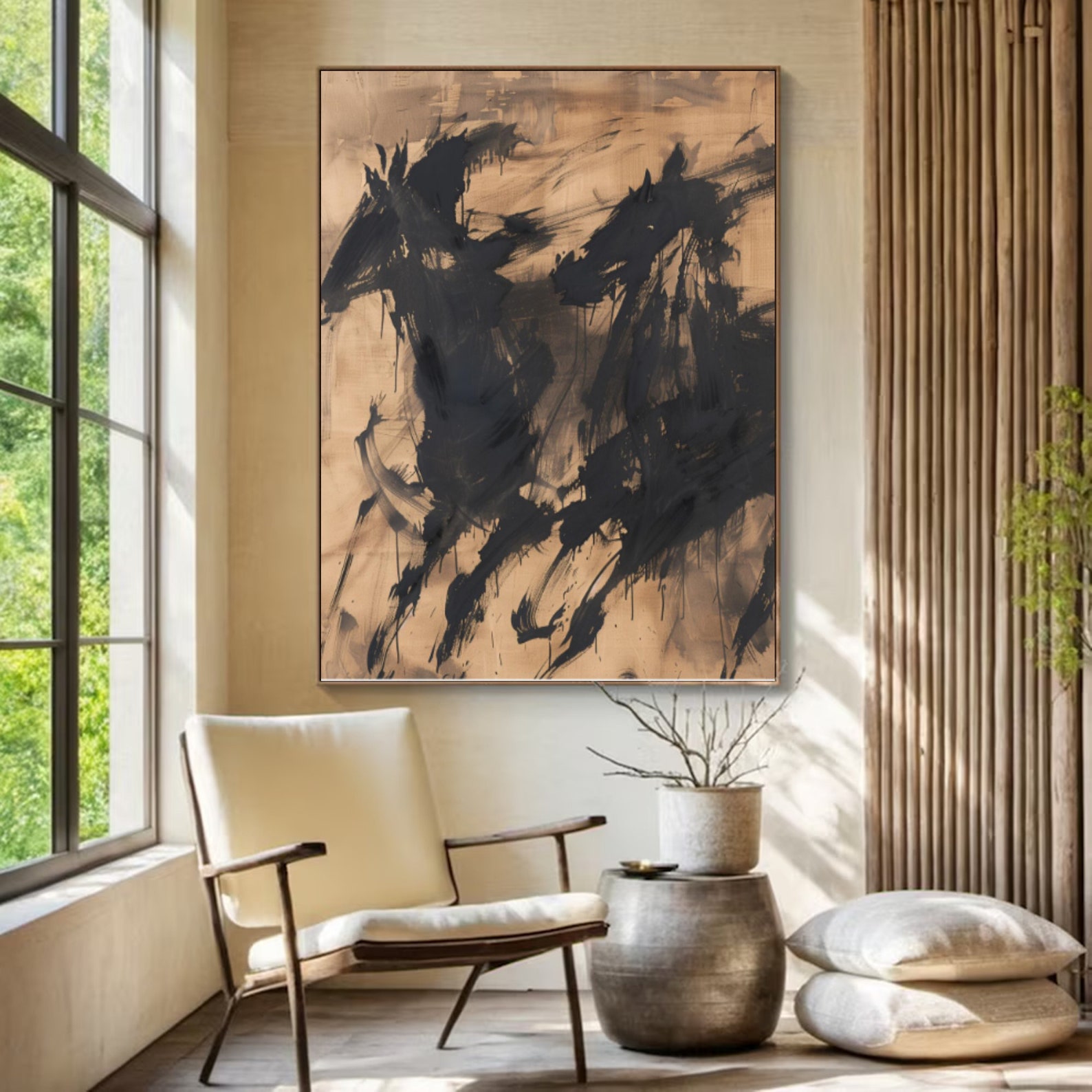 Echoes of Power – Abstract Galloping Horses on Neutral Canvas