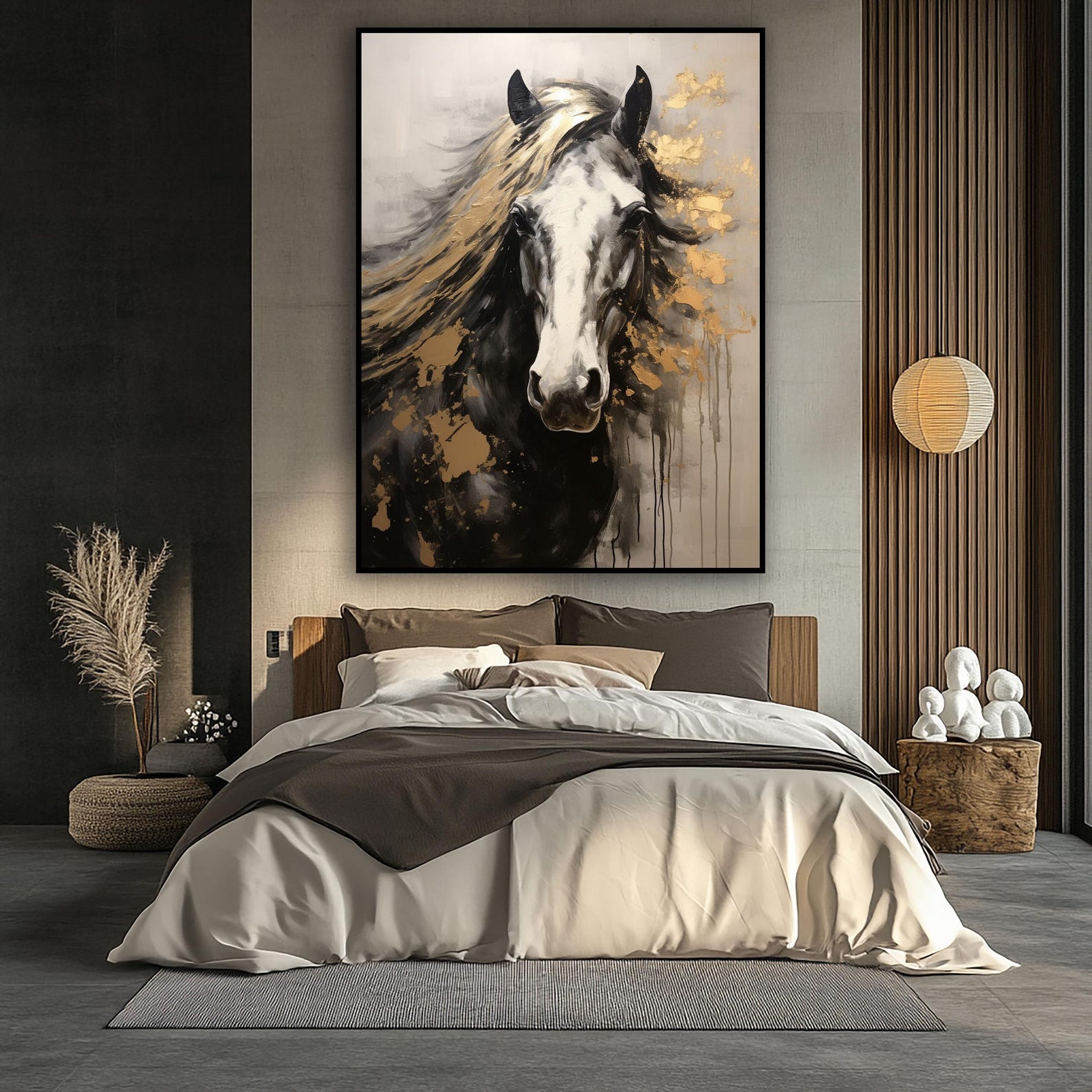Golden Mane – Abstract Black Horse with Gold Accents