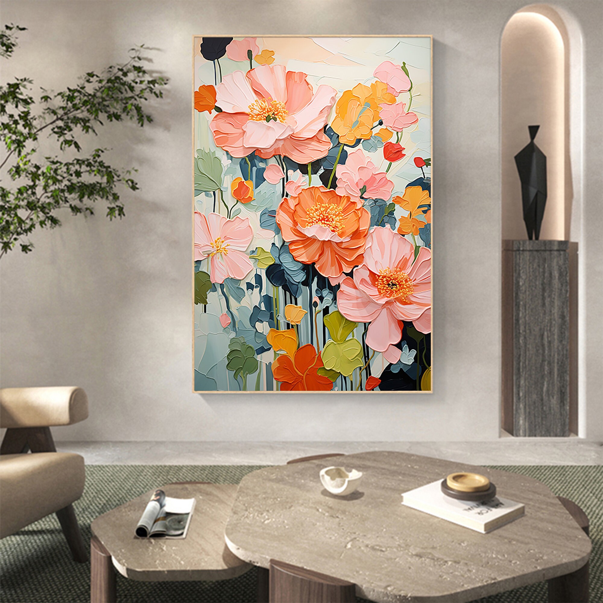 Blossom Symphony – Vibrant Floral Textured Wall Art