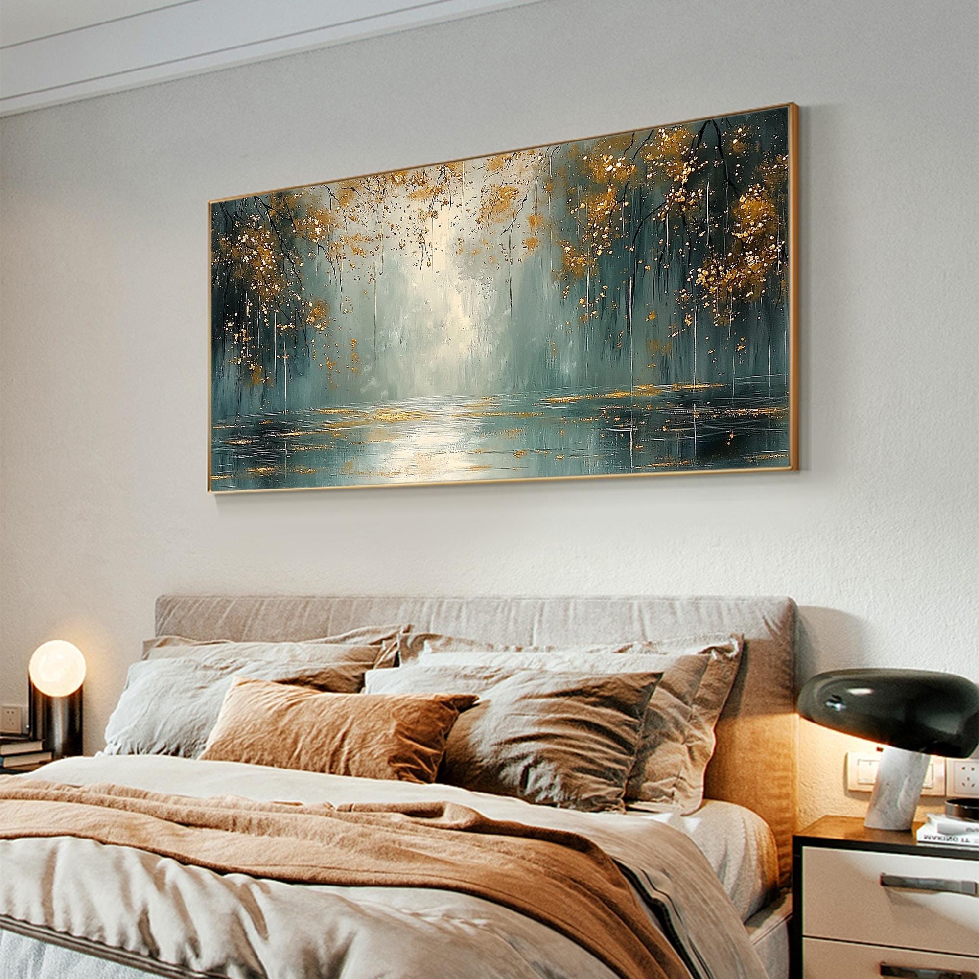 Golden Reflections – 3D Textured Forest and Lake Wall Art in Teal and Gold for Living Room Décor