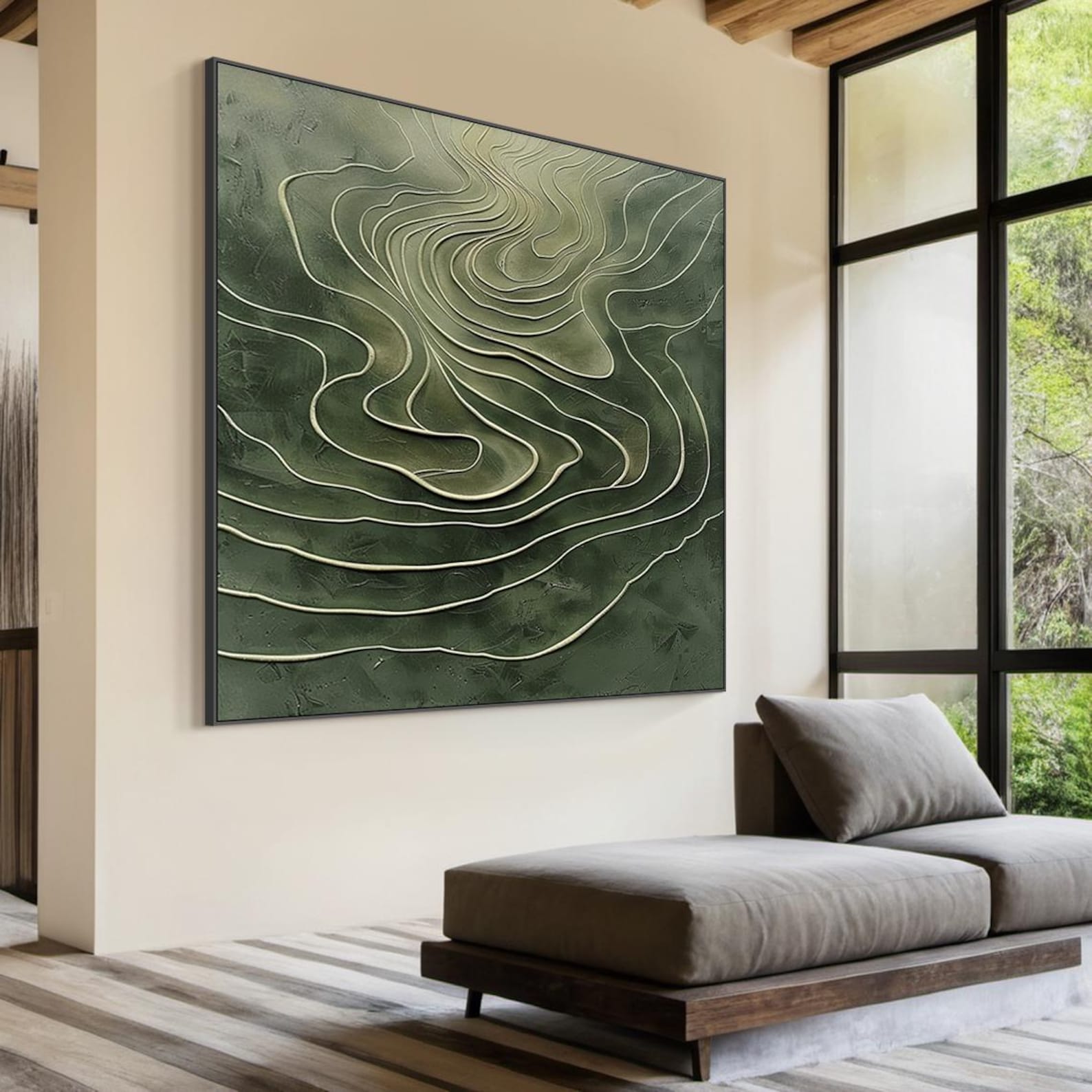 Terrace Flow - Large Green Textured Abstract Wall Art | Modern 3D Canvas for Living Room Decor