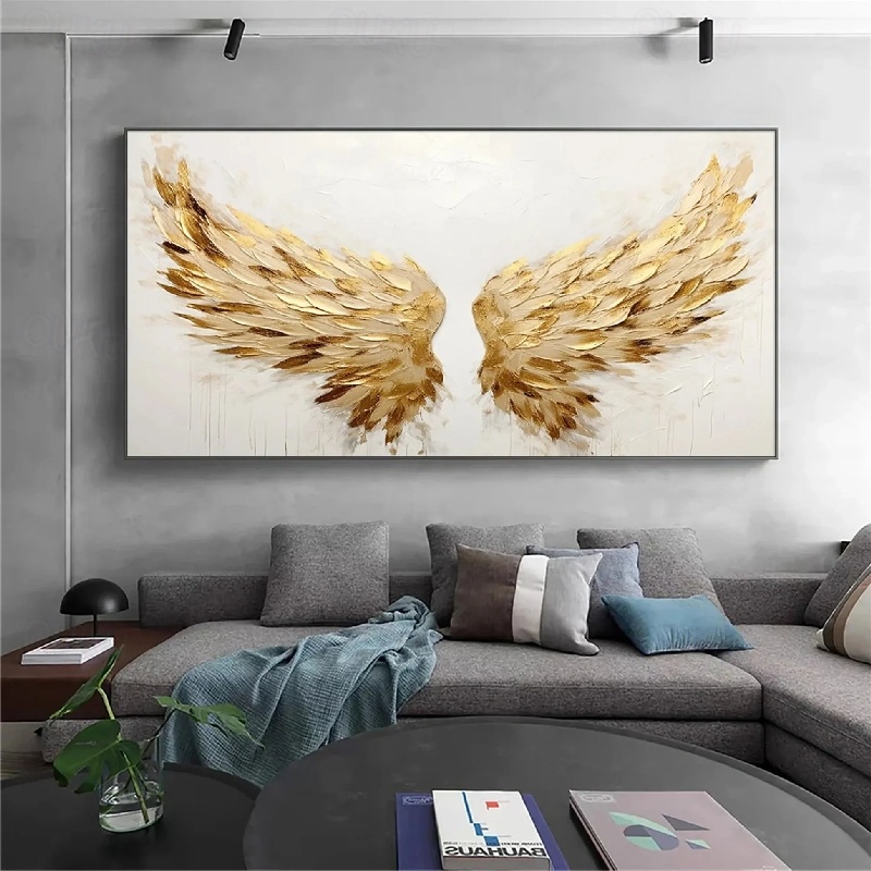 Golden Wings Large Textured Angel Wing Abstract Canvas Wall Art
