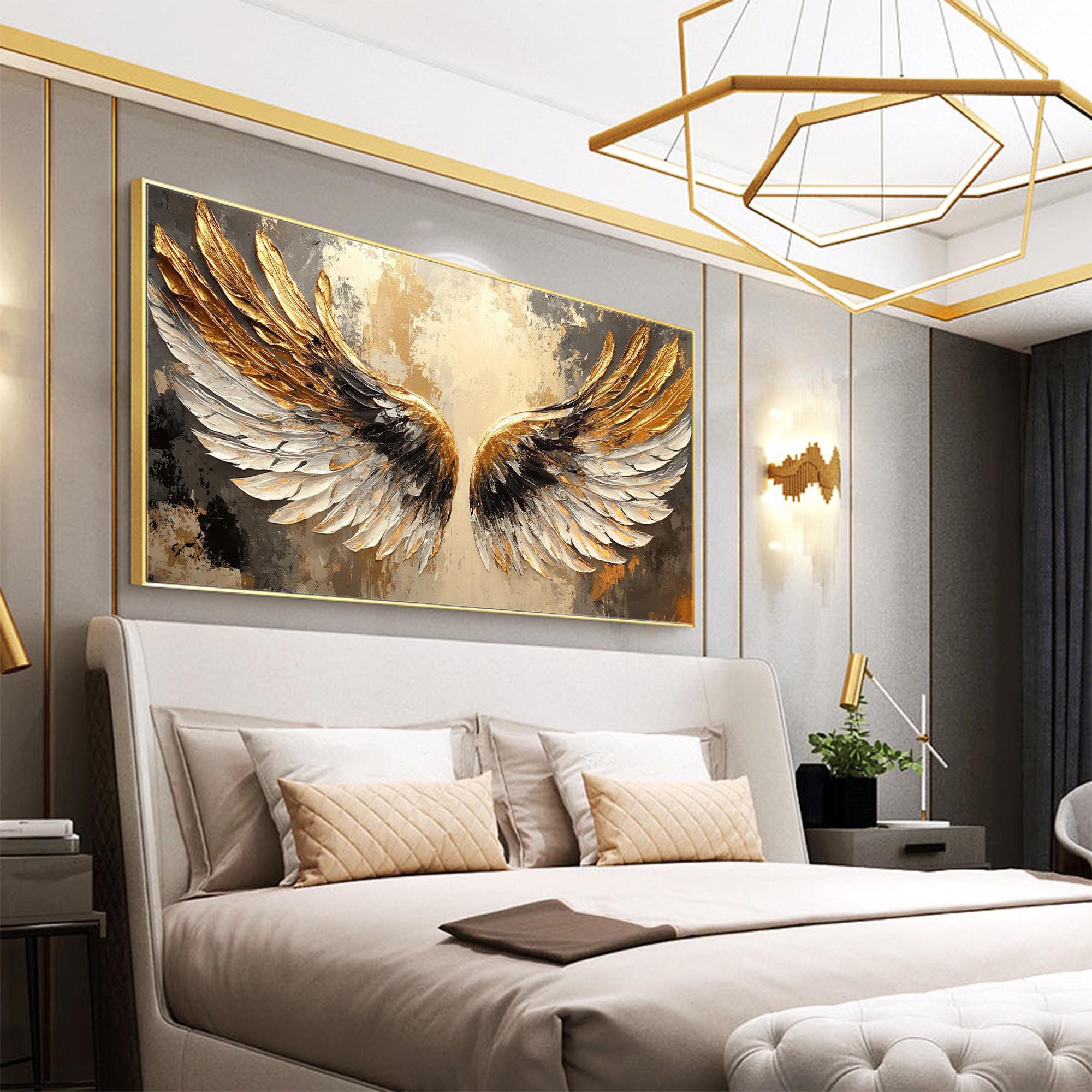 Eternal Wings – Large Textured Gold and White Angel Wing Canvas Wall Art
