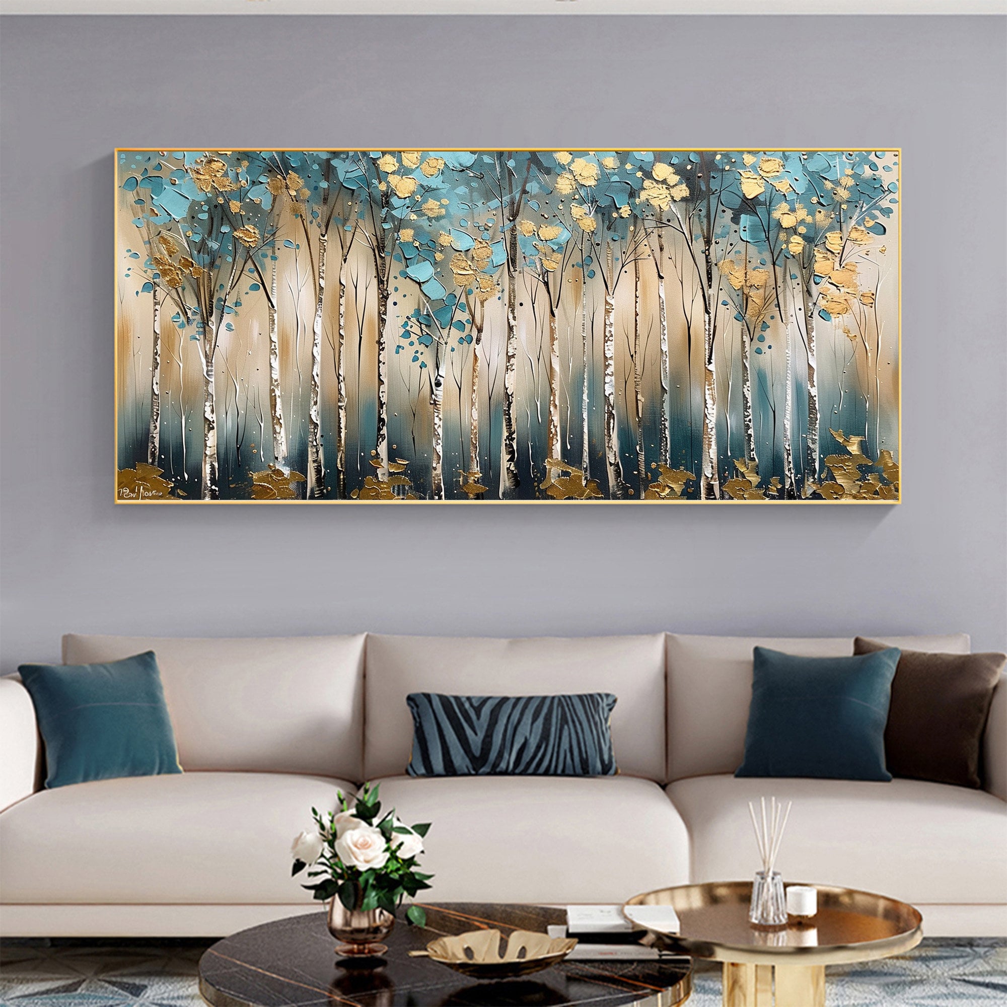 Golden Forest – 3D Textured Tree Wall Art in Teal and Gold Tones for Modern Living Room Décor