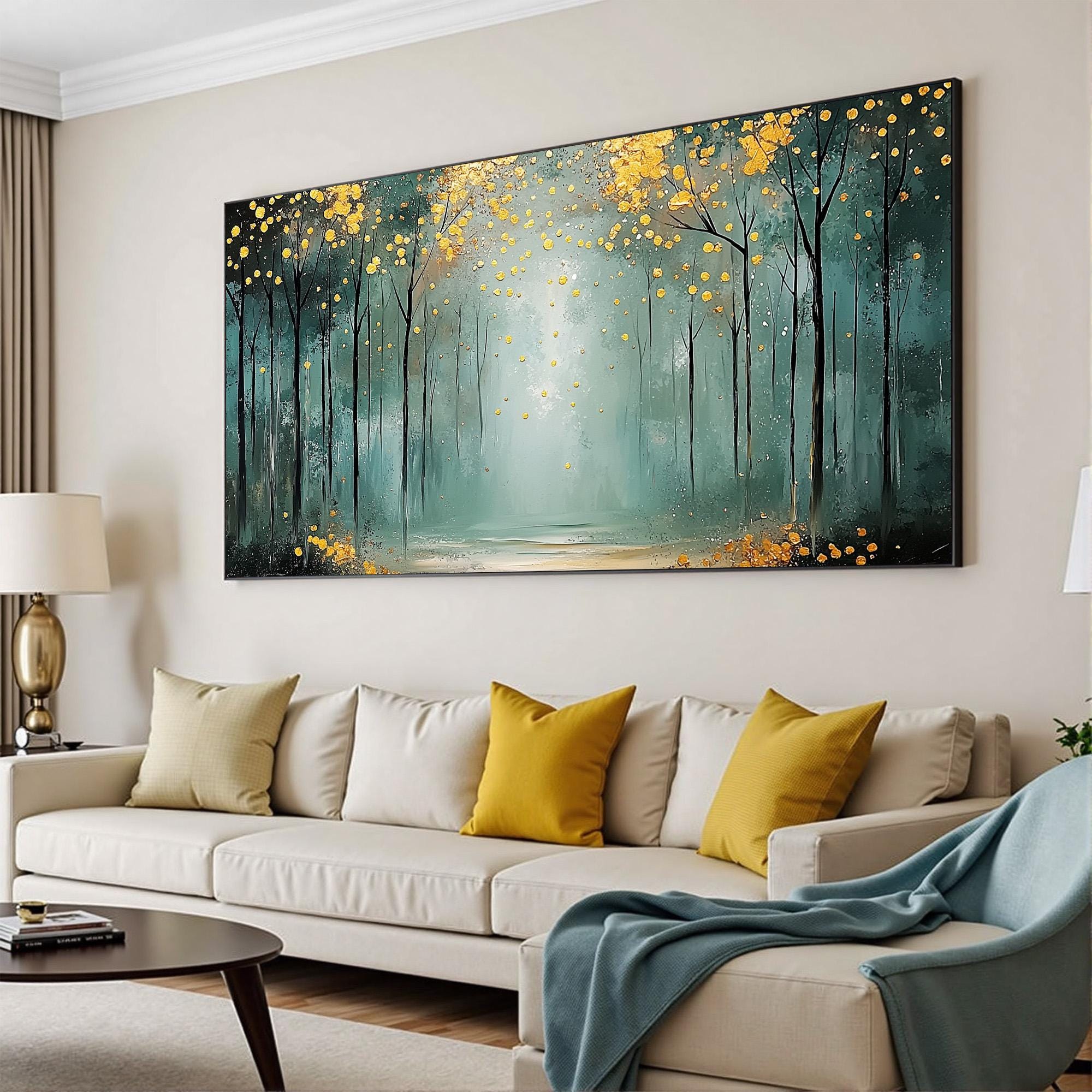 Golden Glow Forest – Abstract Tree Wall Art with Teal and Yellow Accents for Bedroom or Living Room