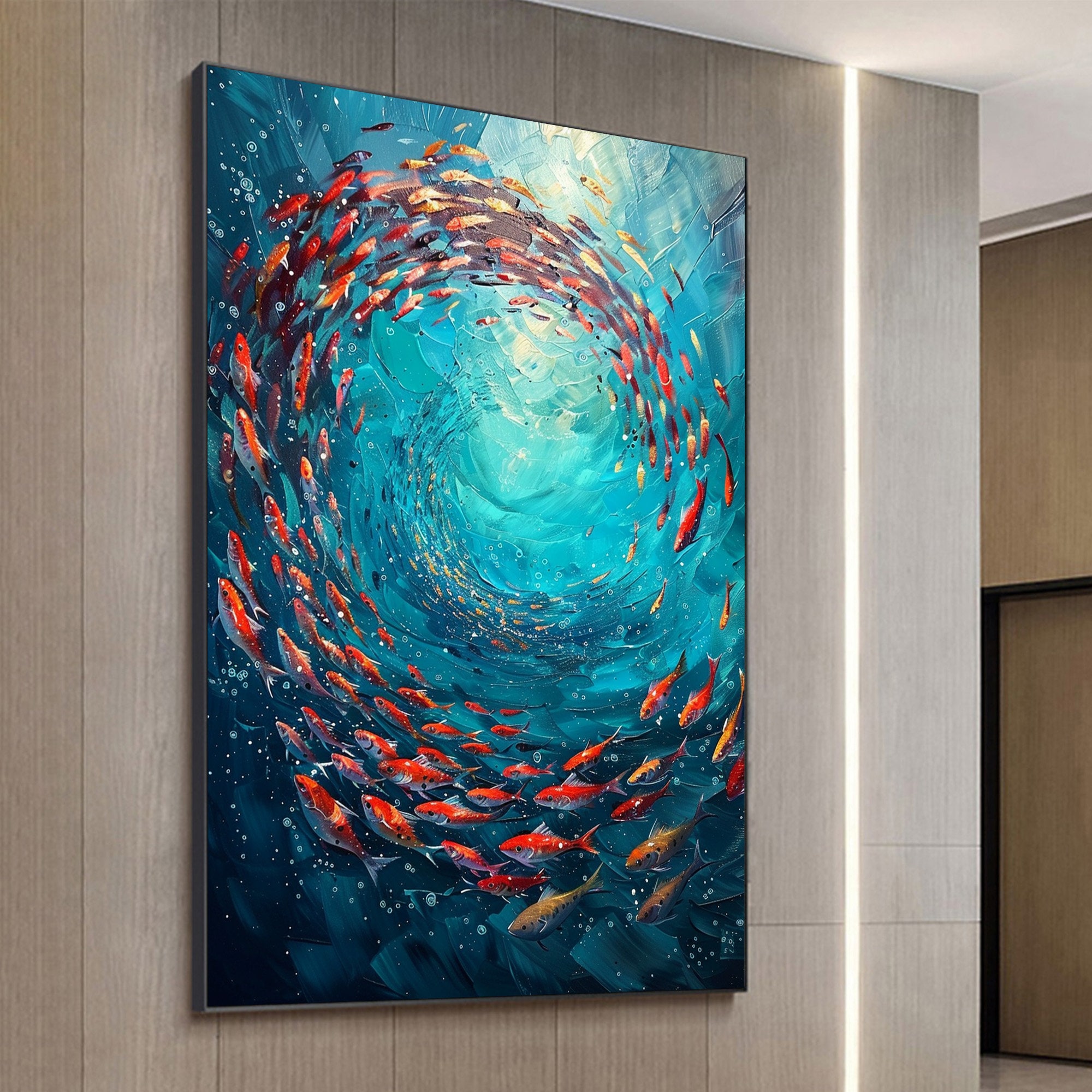 Swirling Tide – 3D Textured Fish in Blue Water Oil Painting