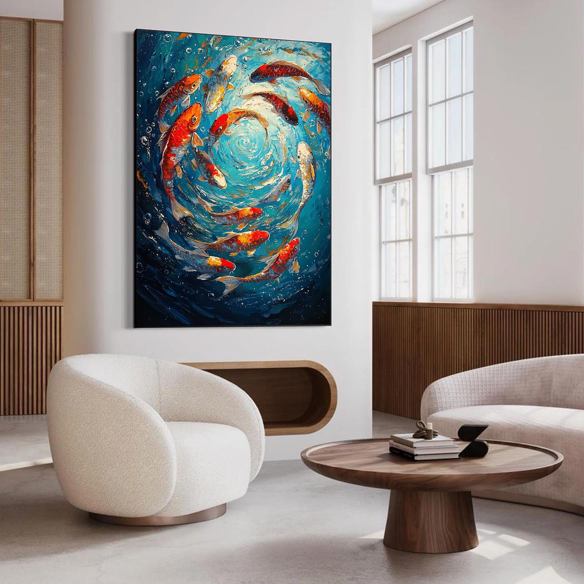 Whirlpool of Koi – 3D Textured Fish Oil Painting for Living Room or Office Decor