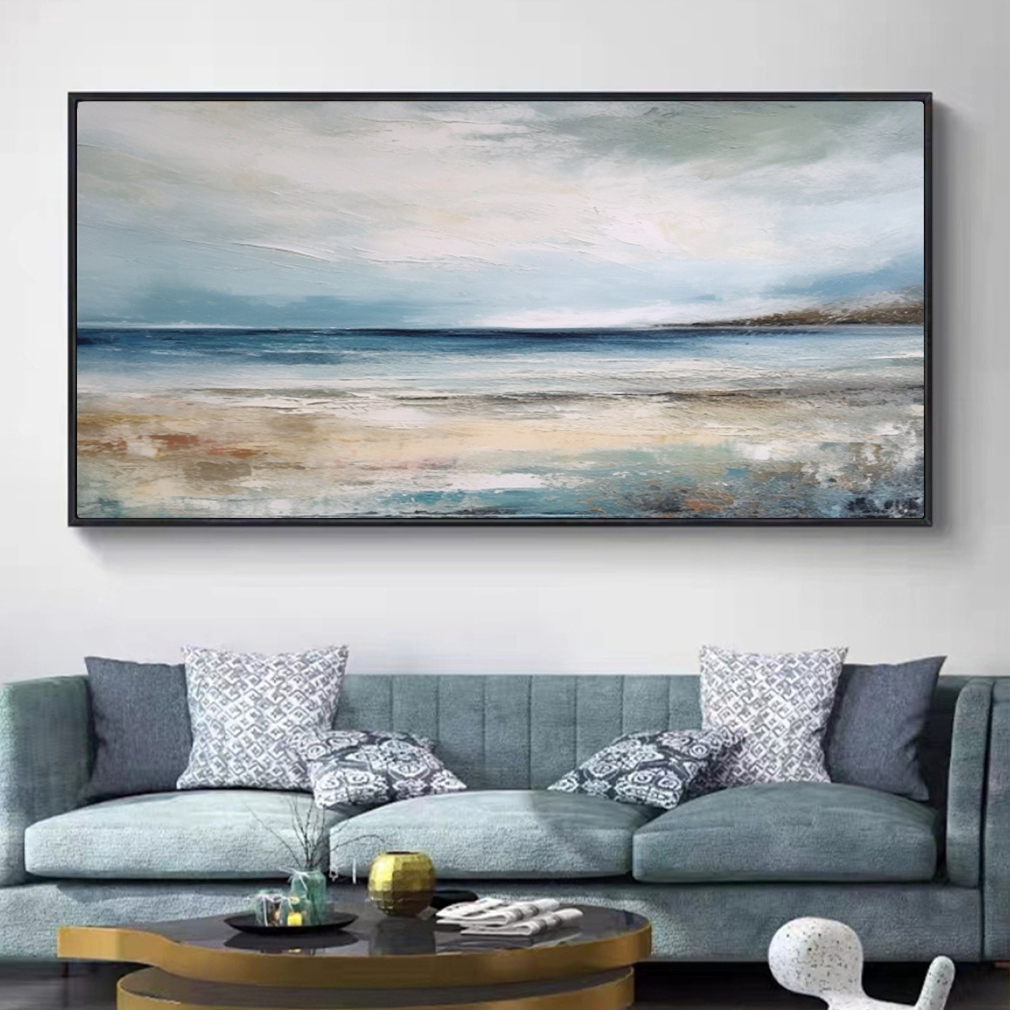 Calm Horizon - Large Coastal Seascape Oil Painting, Modern Textured Ocean Canvas Wall Art