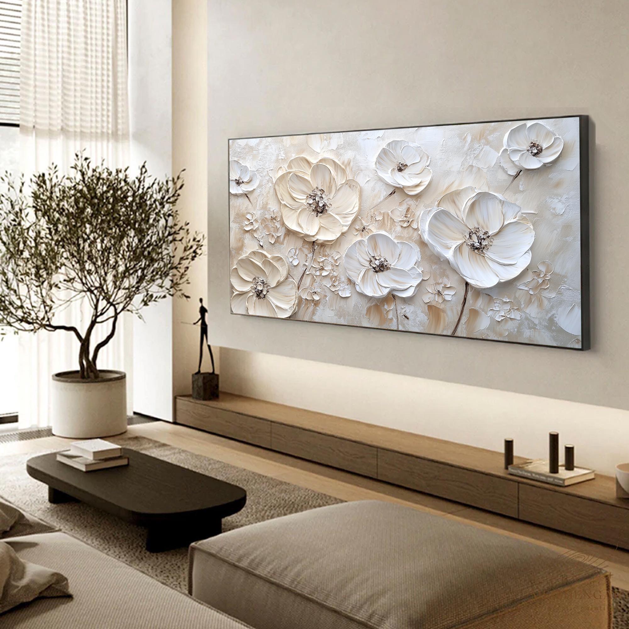 Timeless Petals – Large Textured White Floral Oil Painting