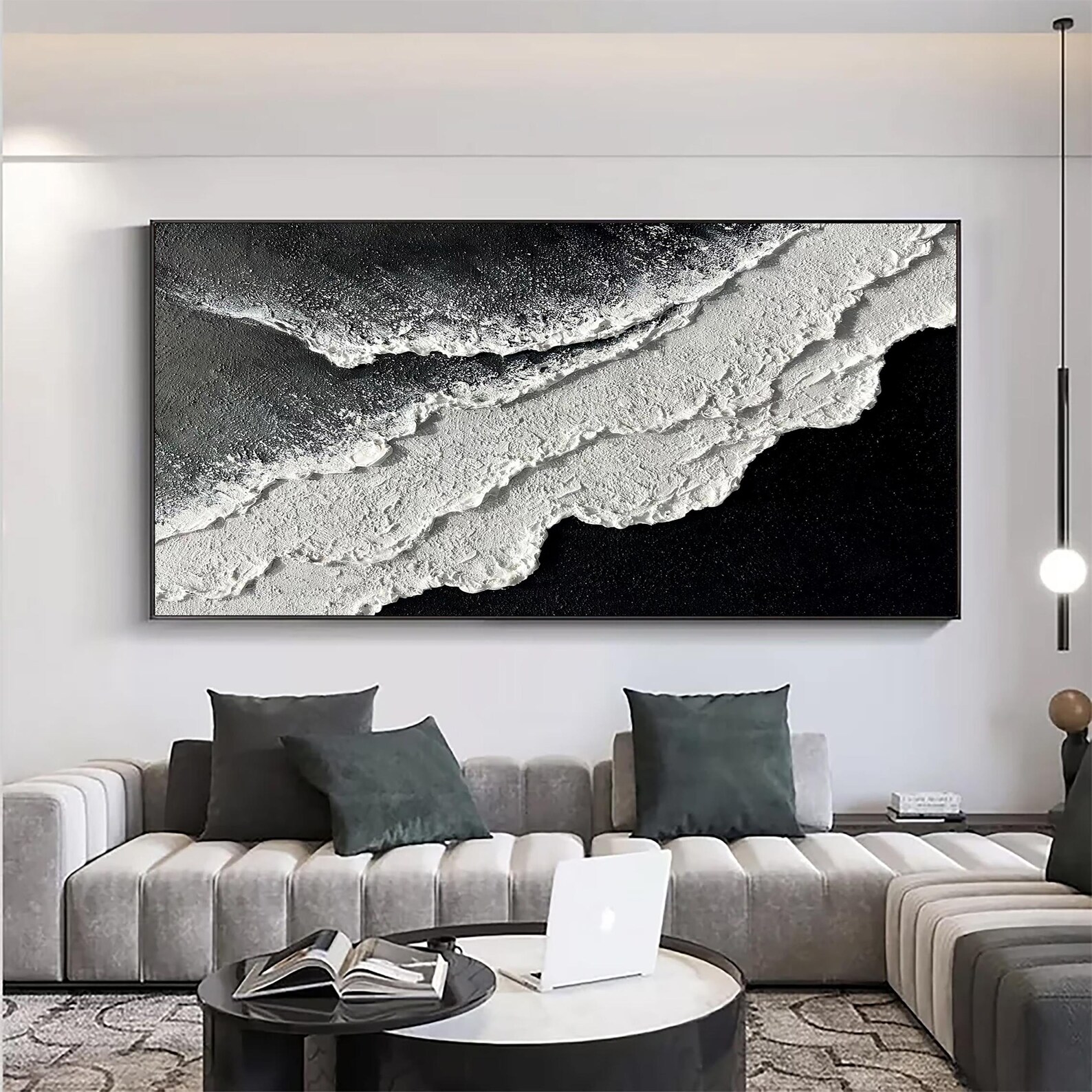 Monochrome Tide — Black and White Textured Seascape Oil Painting, Modern Abstract Wall Art