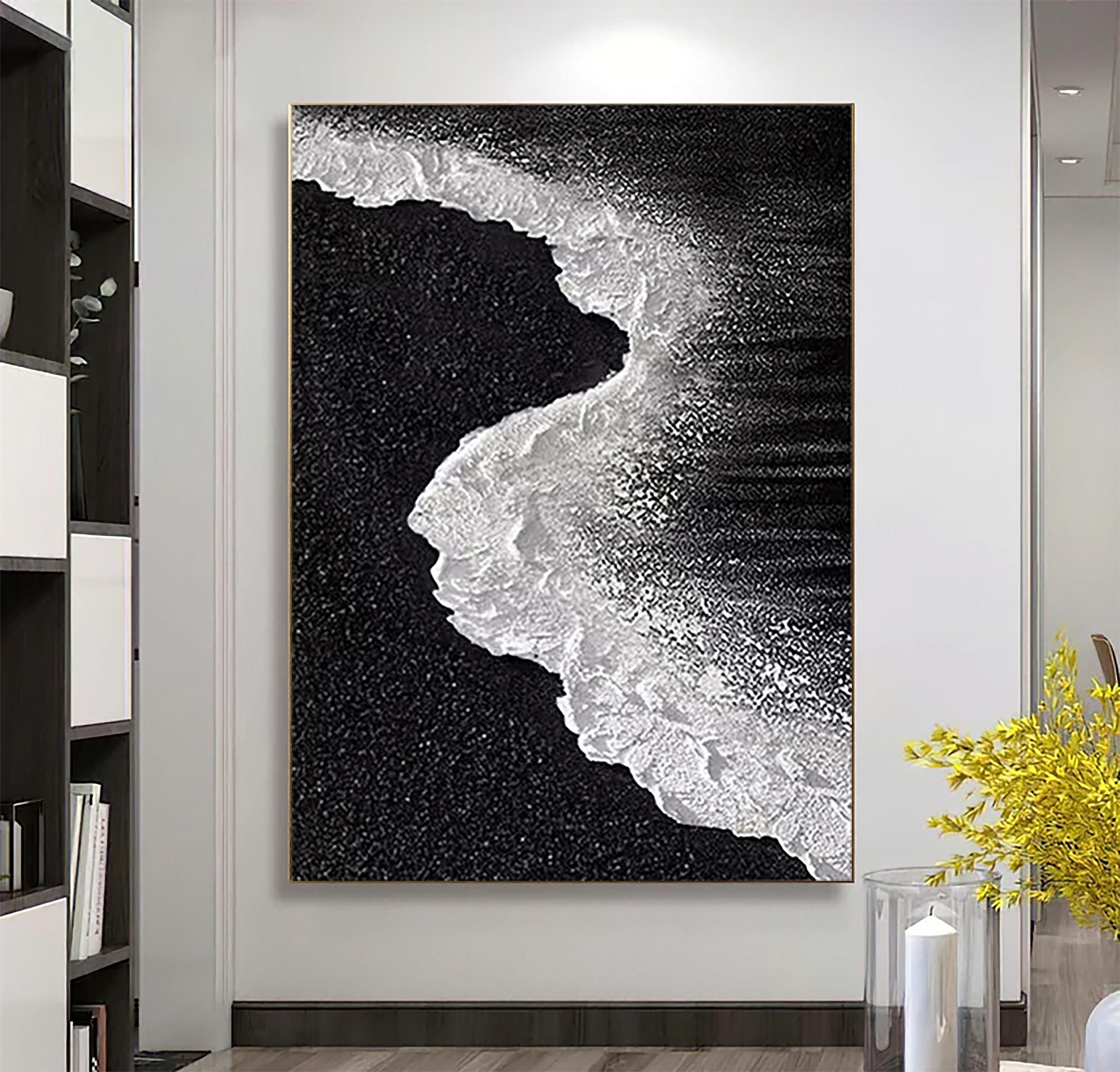 Vertical Tide — Black and White Textured Seascape Oil Painting, Abstract Coastal Wall Art