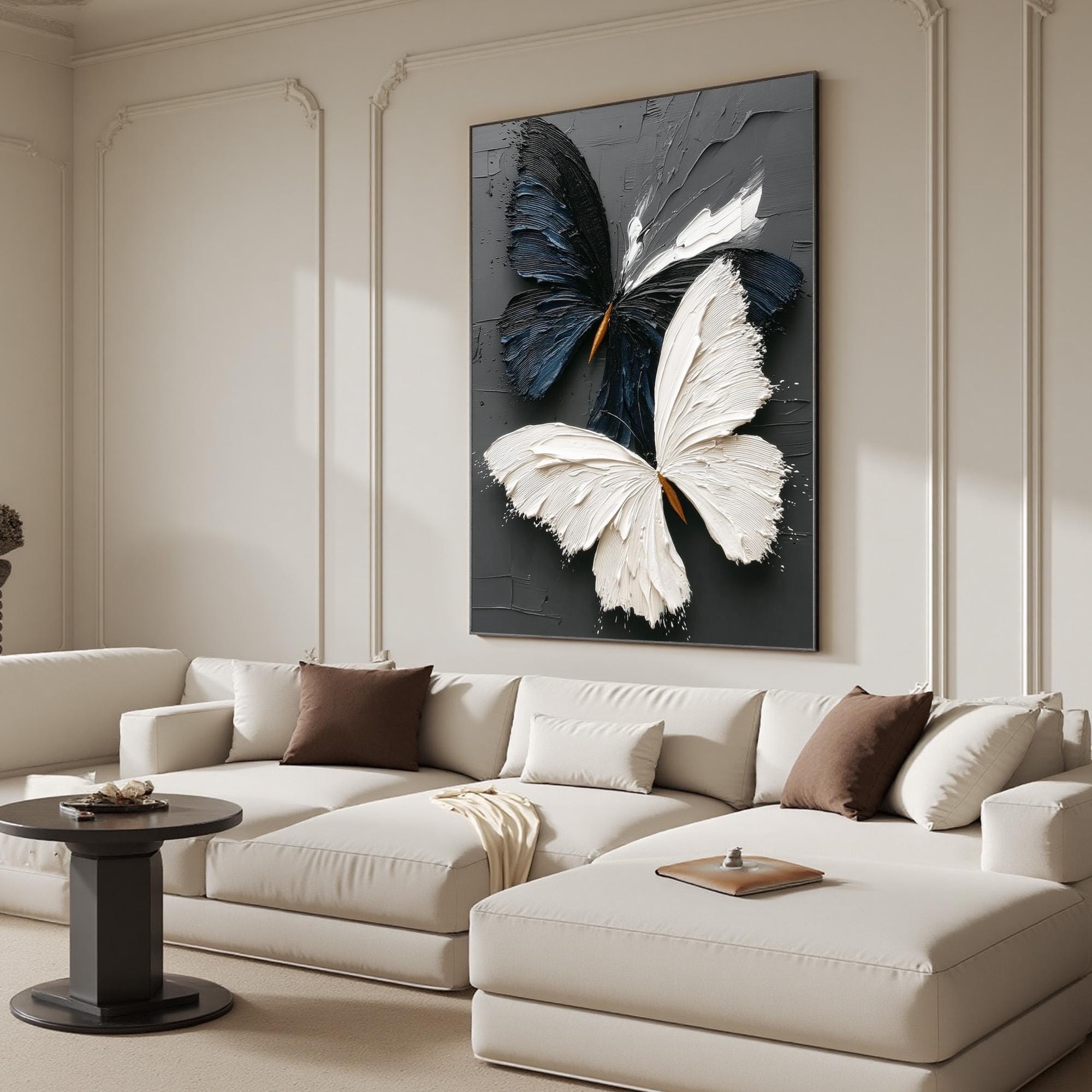 Dual Wings — Black and White Textured Butterfly Abstract Oil Painting, Modern Wall Art