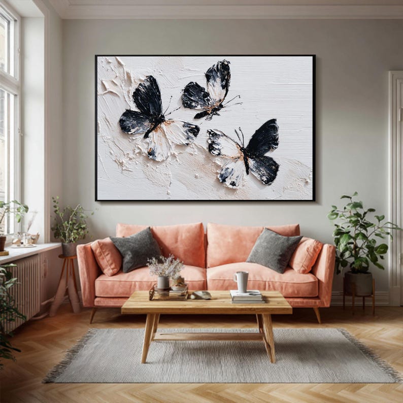 Flutter Trio — Black and White Textured Butterfly Oil Painting, Minimalist Modern Wall Art