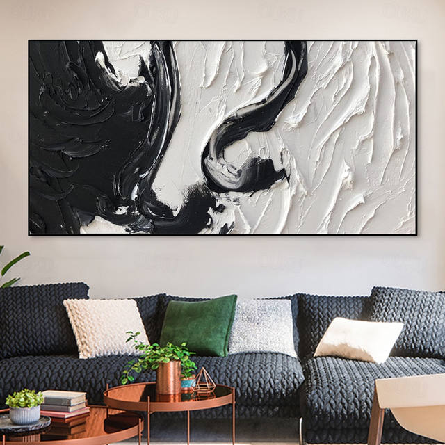 Ethereal Flow – Black and White Textured Abstract Oil Painting