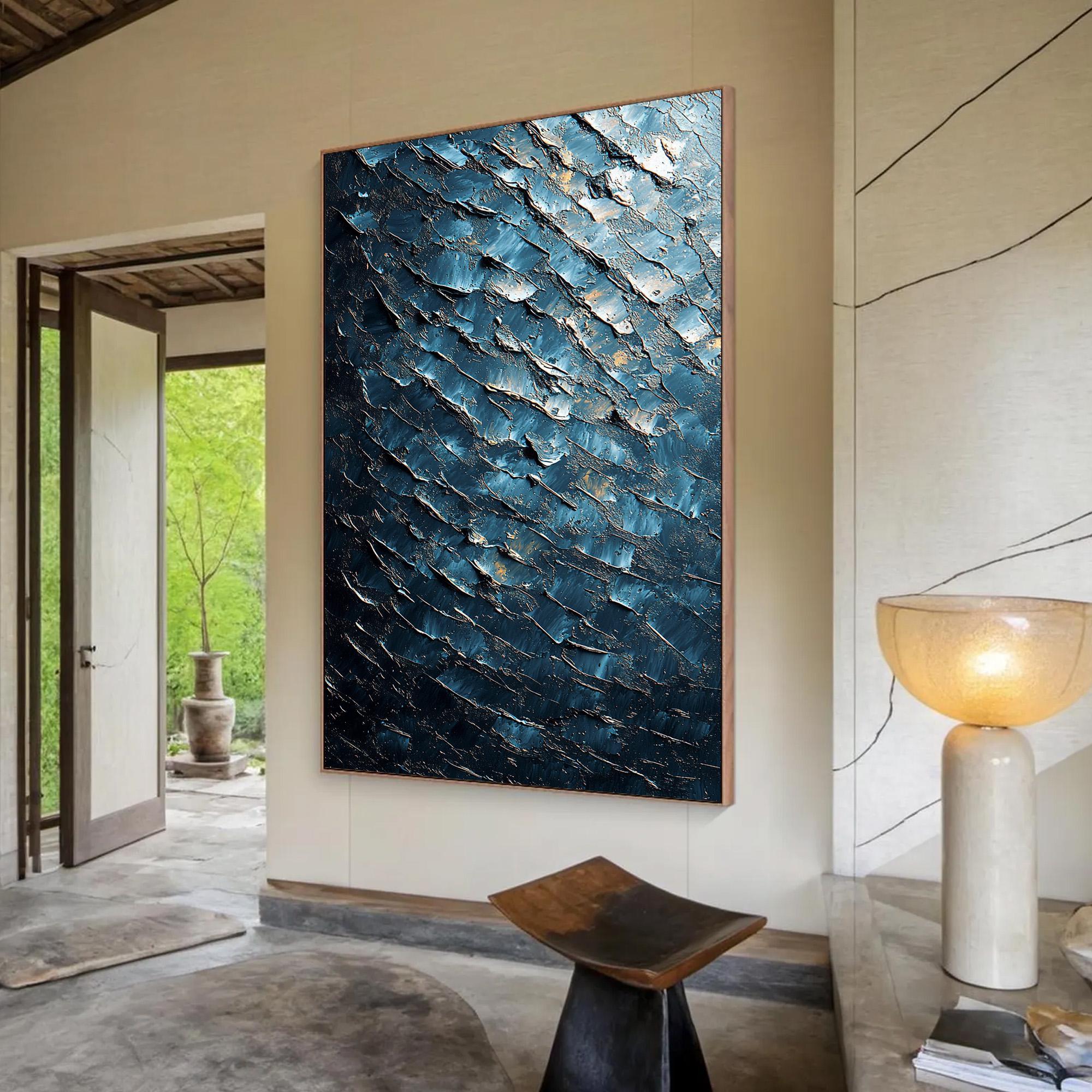 Midnight Tide – Textured Blue and Gold Abstract Oil Painting