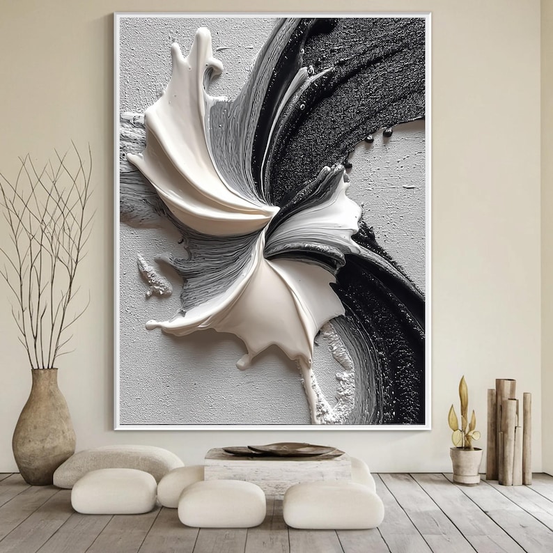 Ethereal Bloom – Black and White Textured Abstract Oil Painting