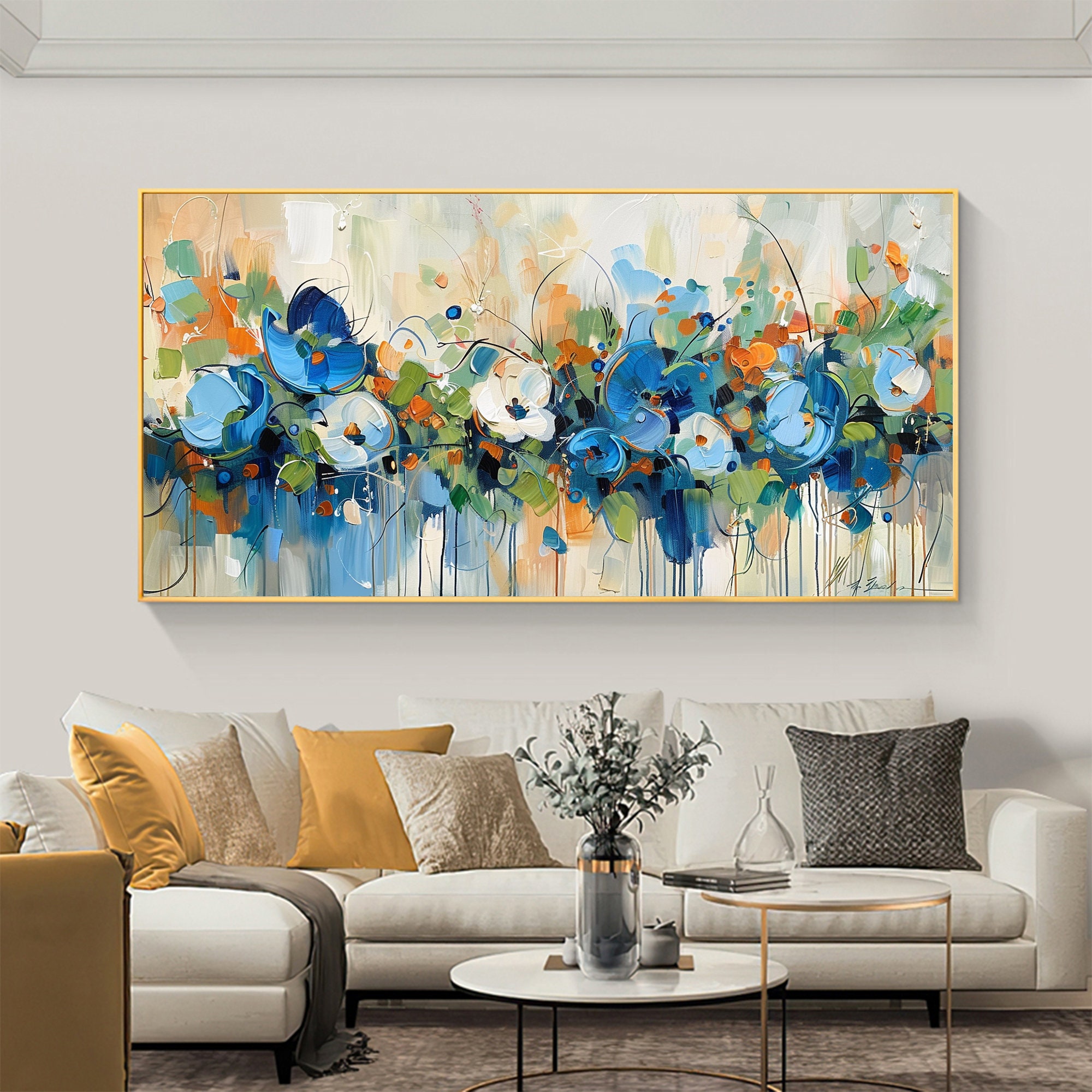 Blooming Riot - Colorful Abstract Floral Painting Blue Green Orange Wall Art on Canvas