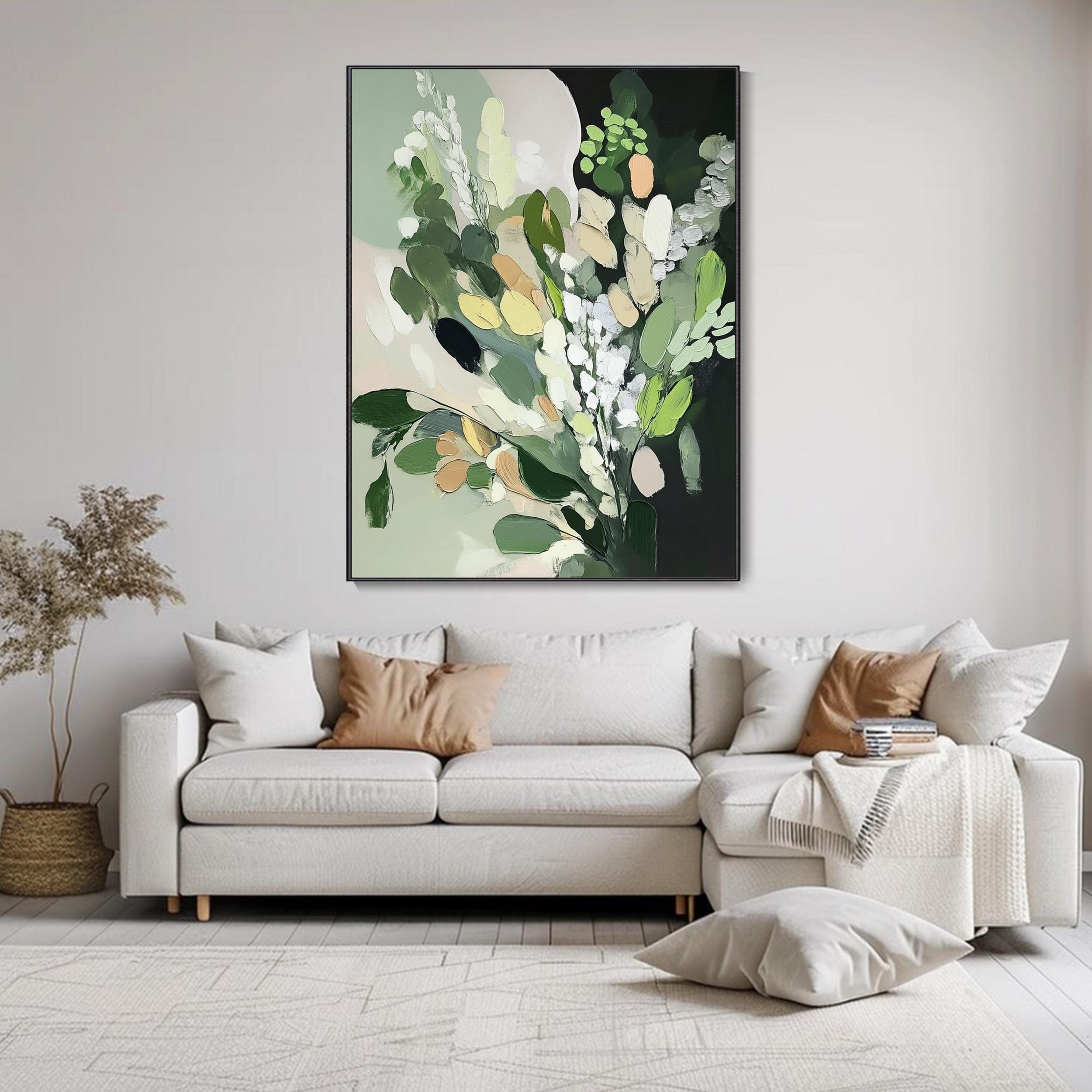 Verdant Whisper - Modern Textured Abstract Botanical Canvas Art Green Floral Painting