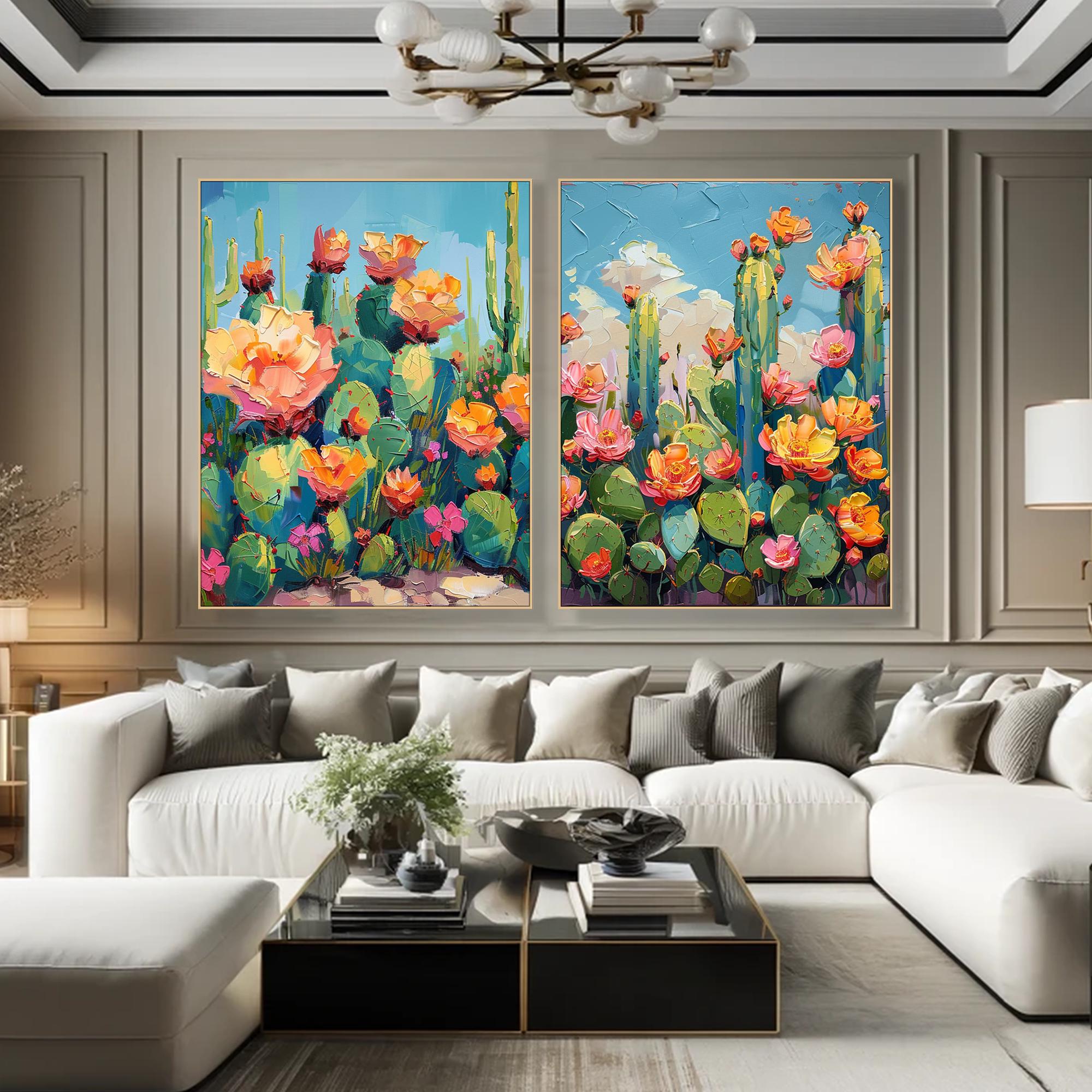 Desert Bloom – Cactus Flower Abstract Canvas Colorful Botanical Wall Art Set of 2