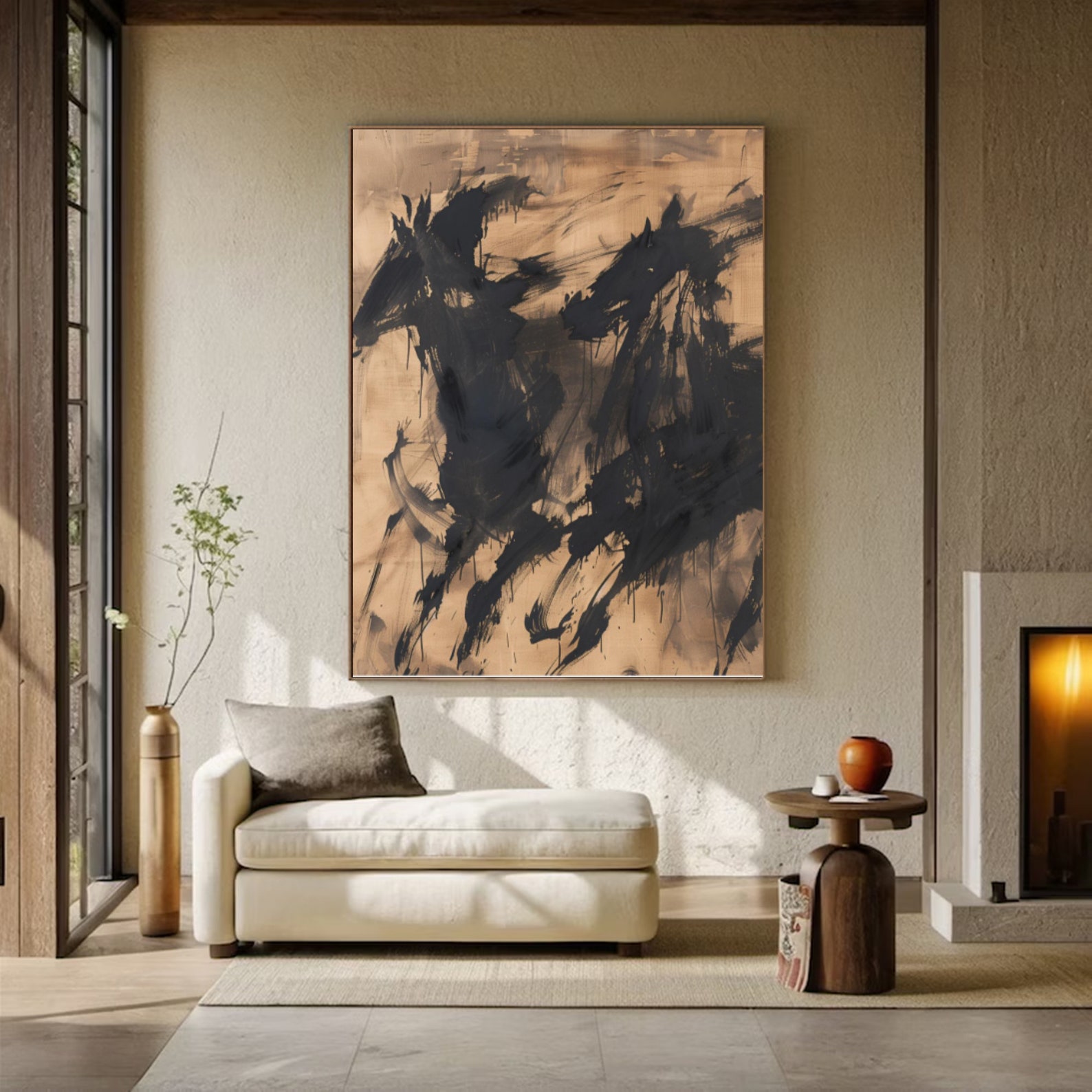 Echoes of Power – Abstract Galloping Horses on Neutral Canvas