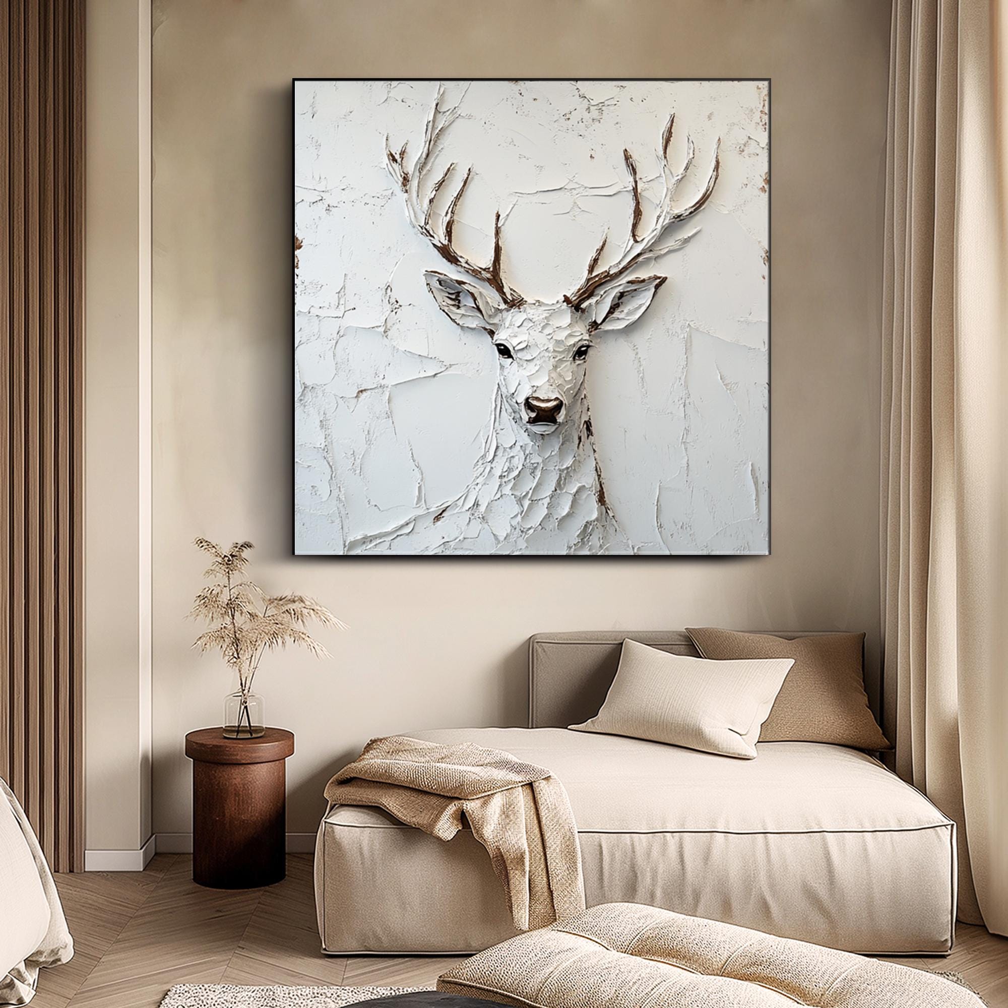 Silent Majesty – Textured White Stag Canvas Wall Art
