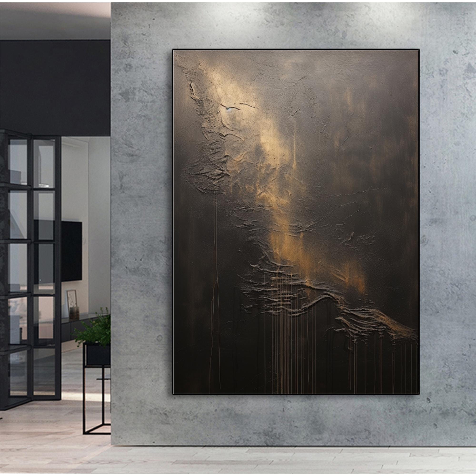 Echo of Shadows – Black and Gold Textured Abstract Canvas