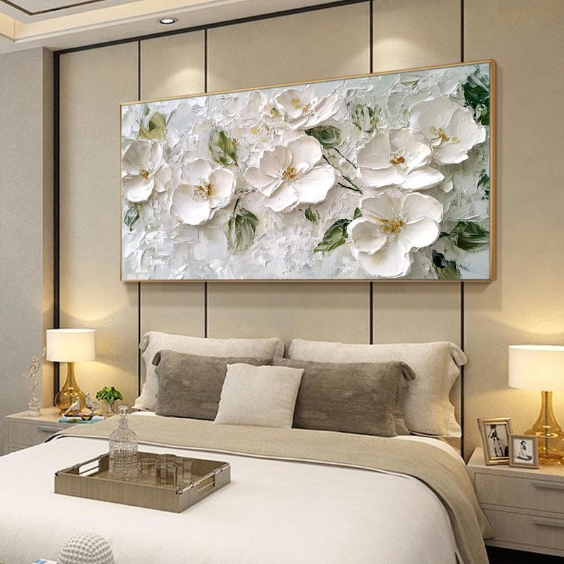 Textured White Floral Oil Painting - 3D Flower Wall Art for Dining Room
