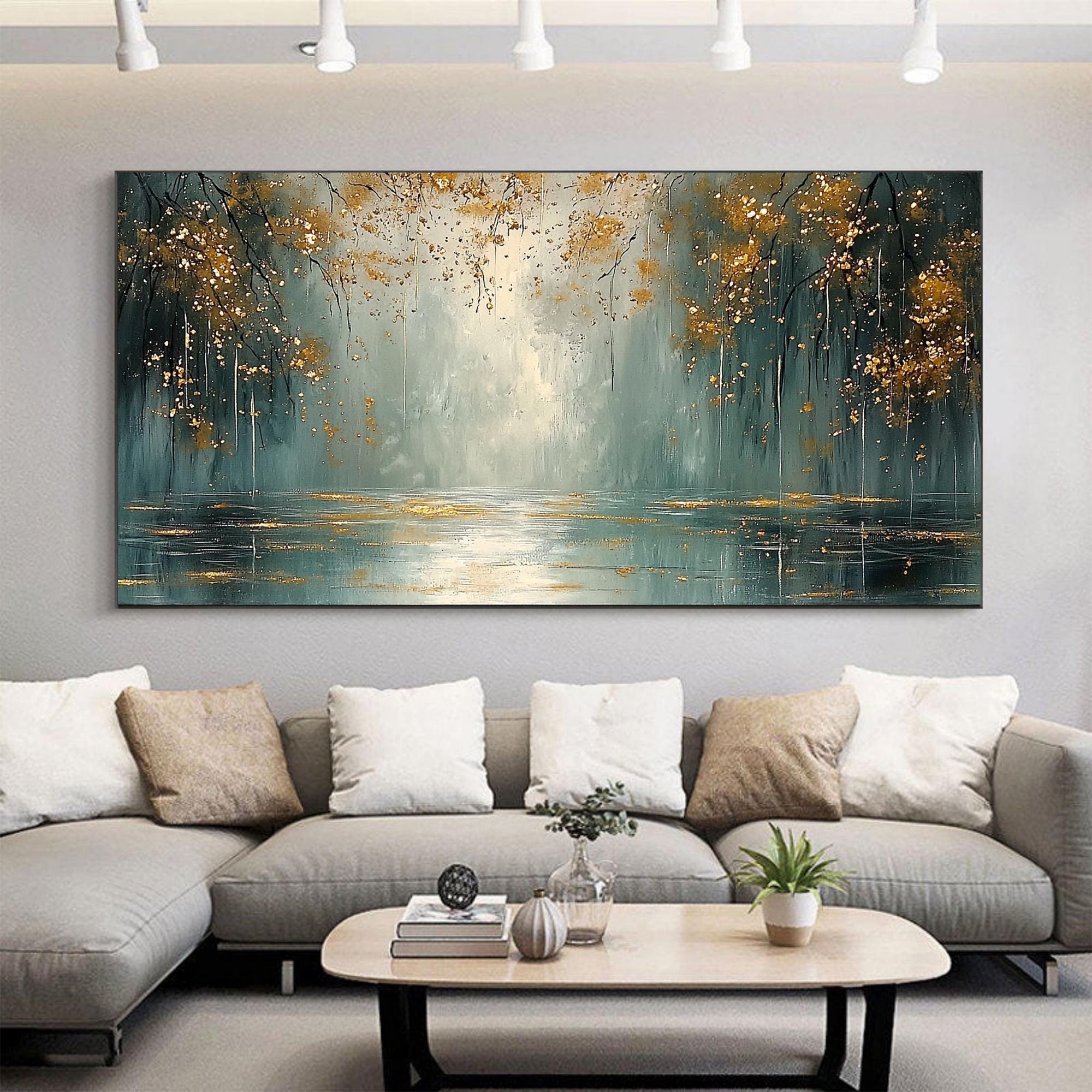 Golden Reflections – 3D Textured Forest and Lake Wall Art in Teal and Gold for Living Room Décor