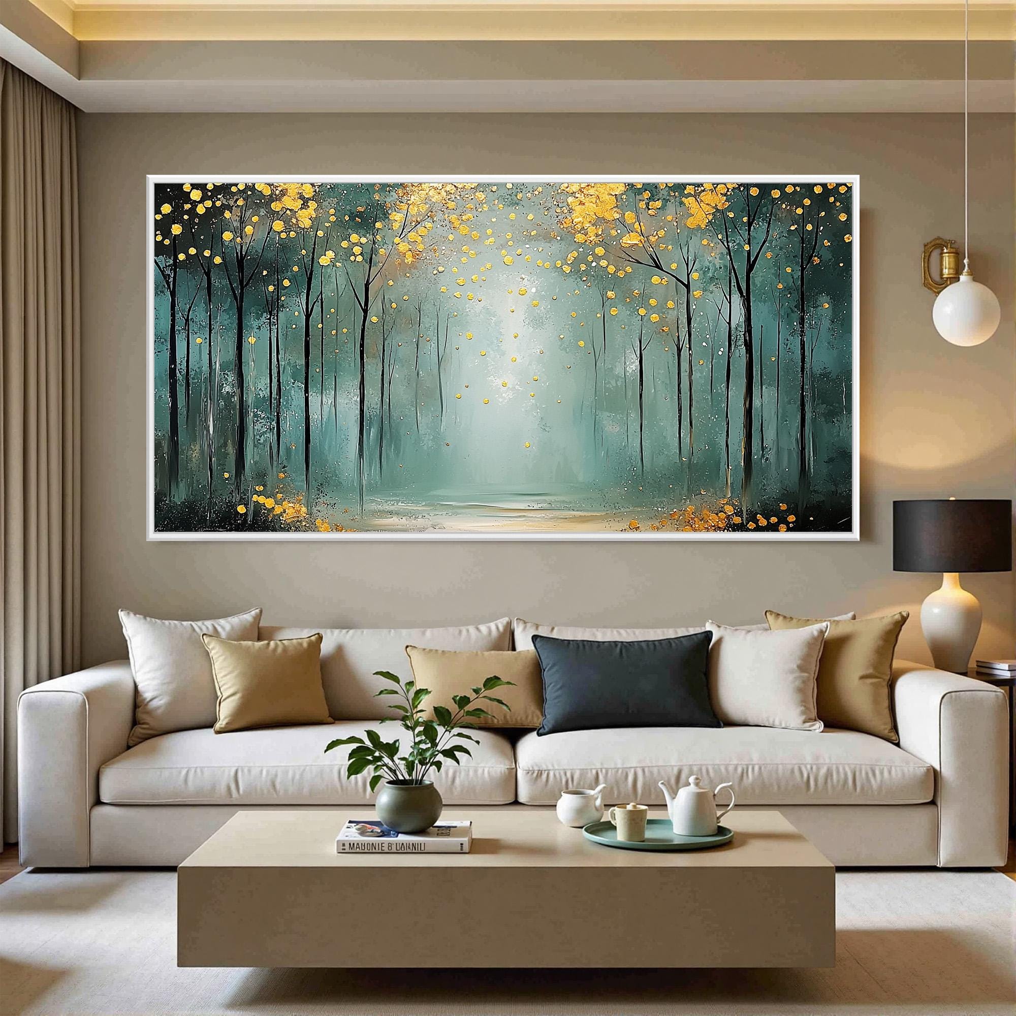 Golden Glow Forest – Abstract Tree Wall Art with Teal and Yellow Accents for Bedroom or Living Room
